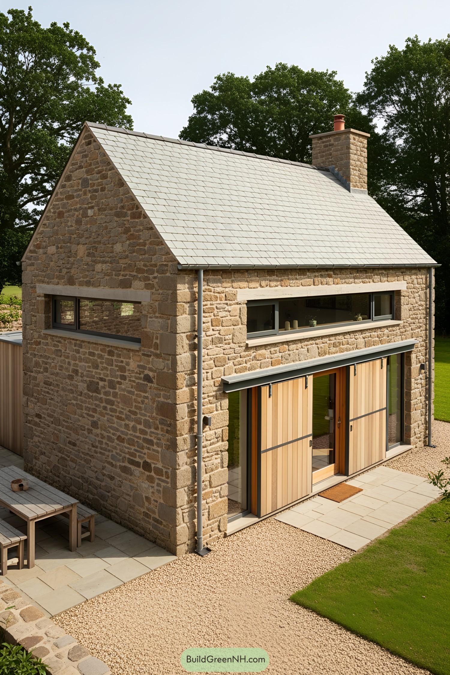 Modern stone cottage with wooden accents