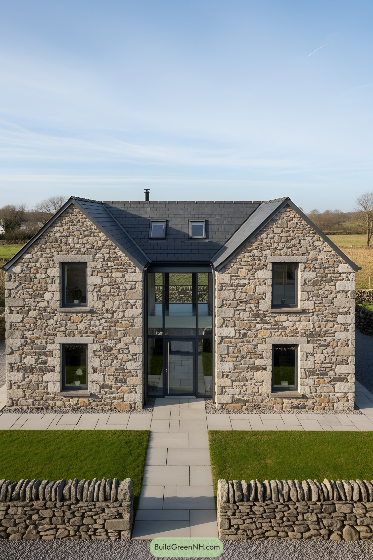 Contemporary stone cottage with glass entryway
