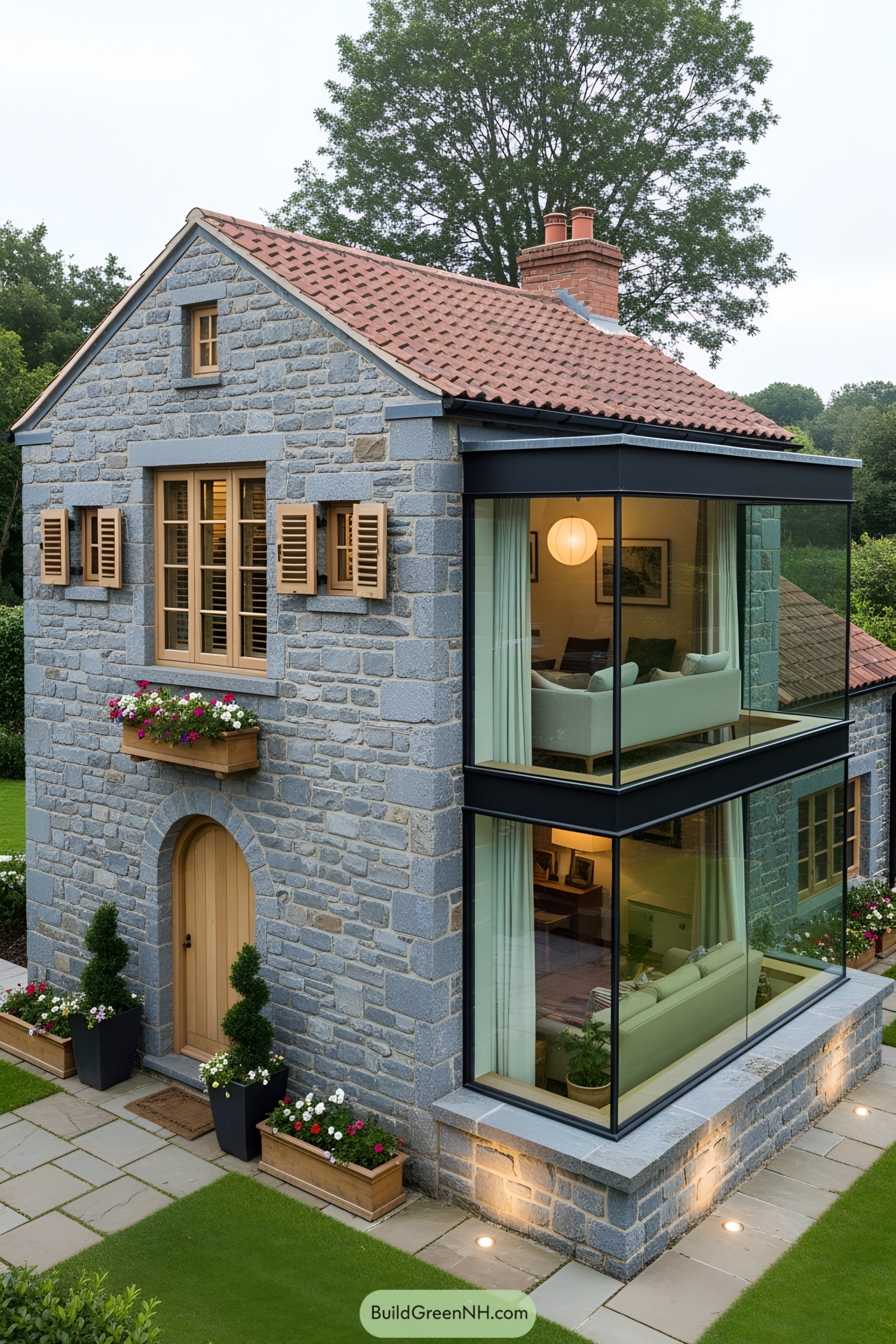 Modern stone cottage with large glass windows