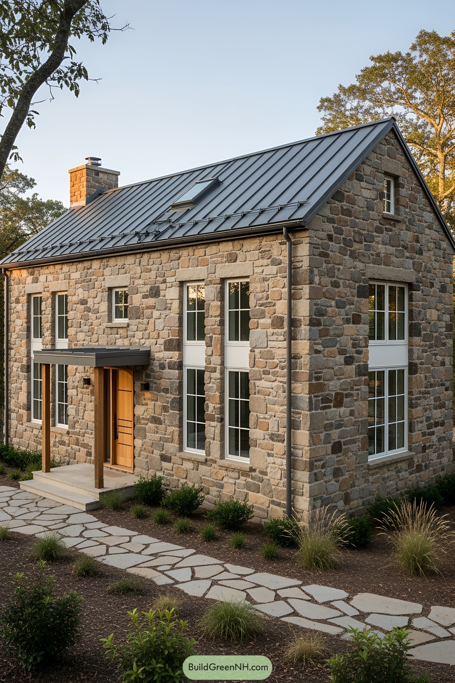 A quaint stone house with large windows