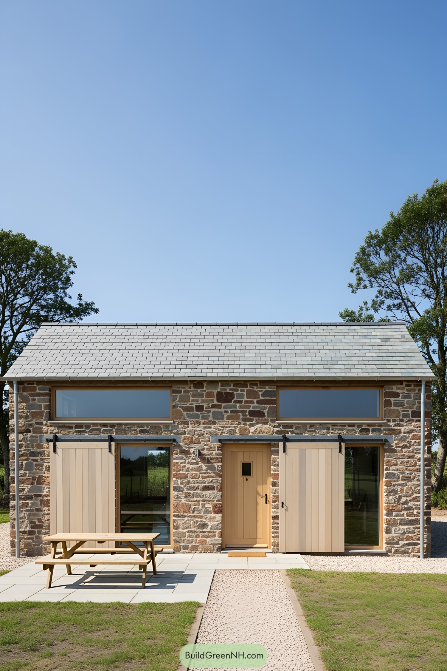 Stone cottage with sleek design and wooden accents