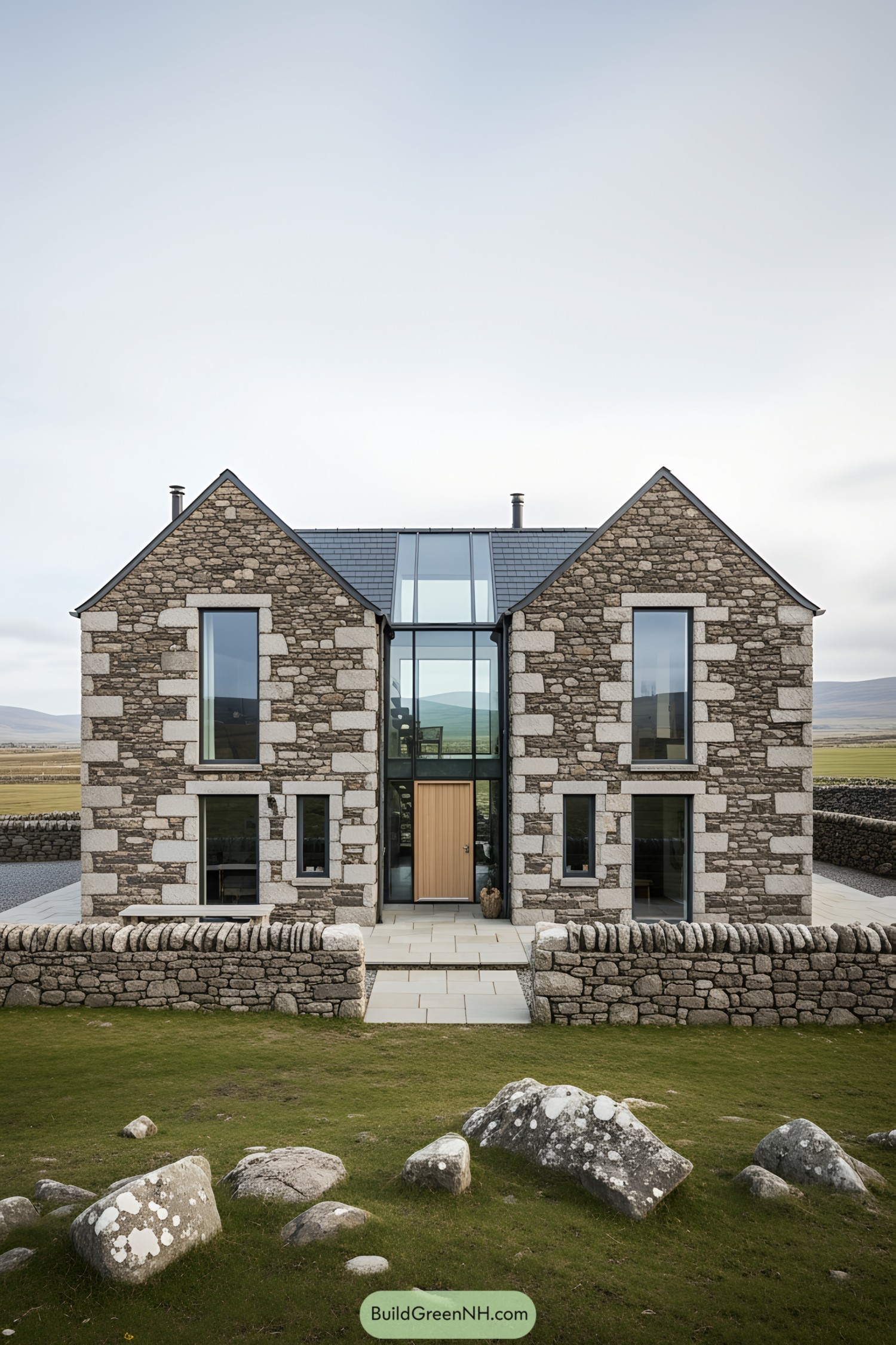Modern stone cottage with a central glass facade and grassy foreground