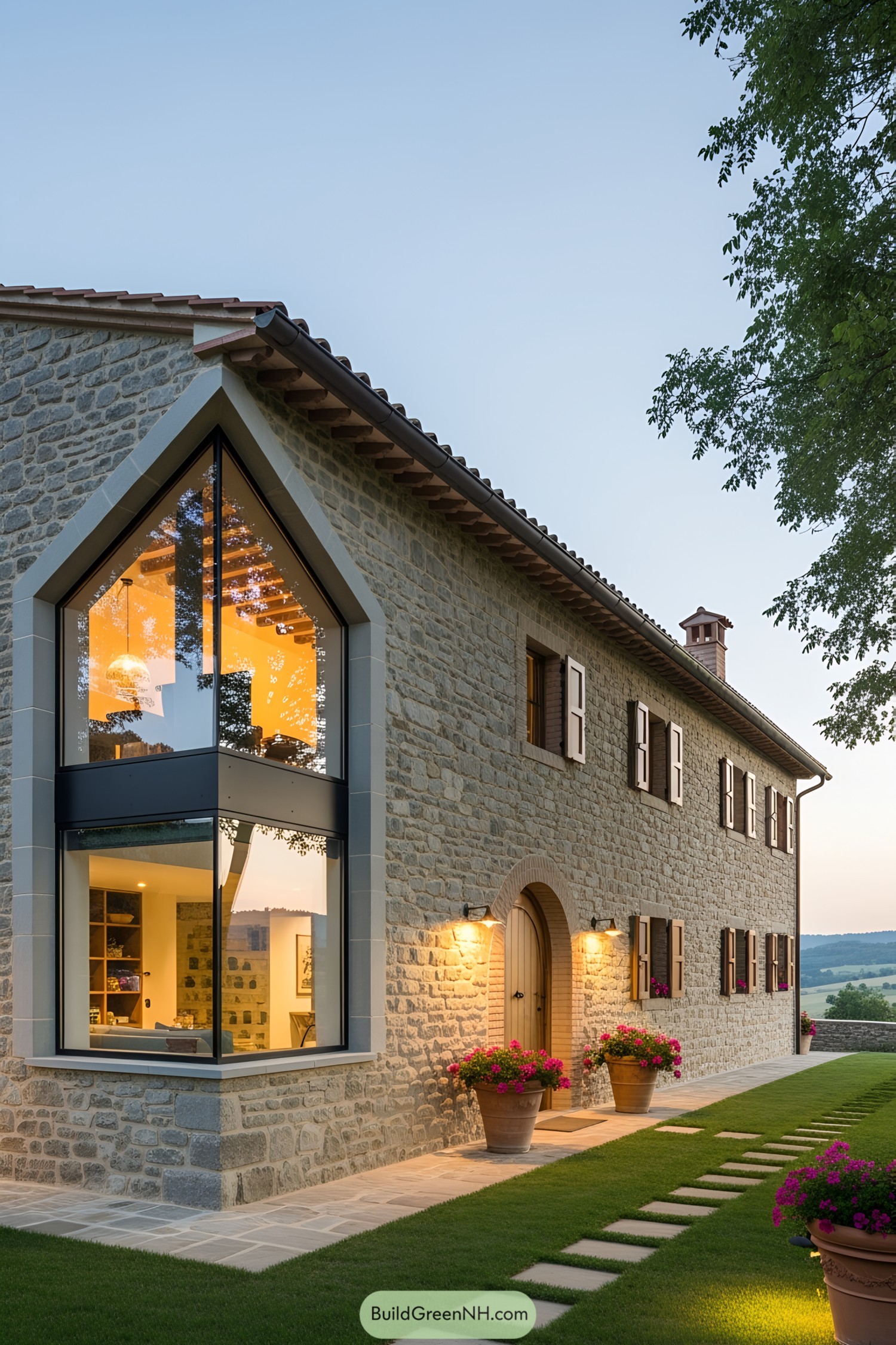 Stylish stone house with large windows and greenery