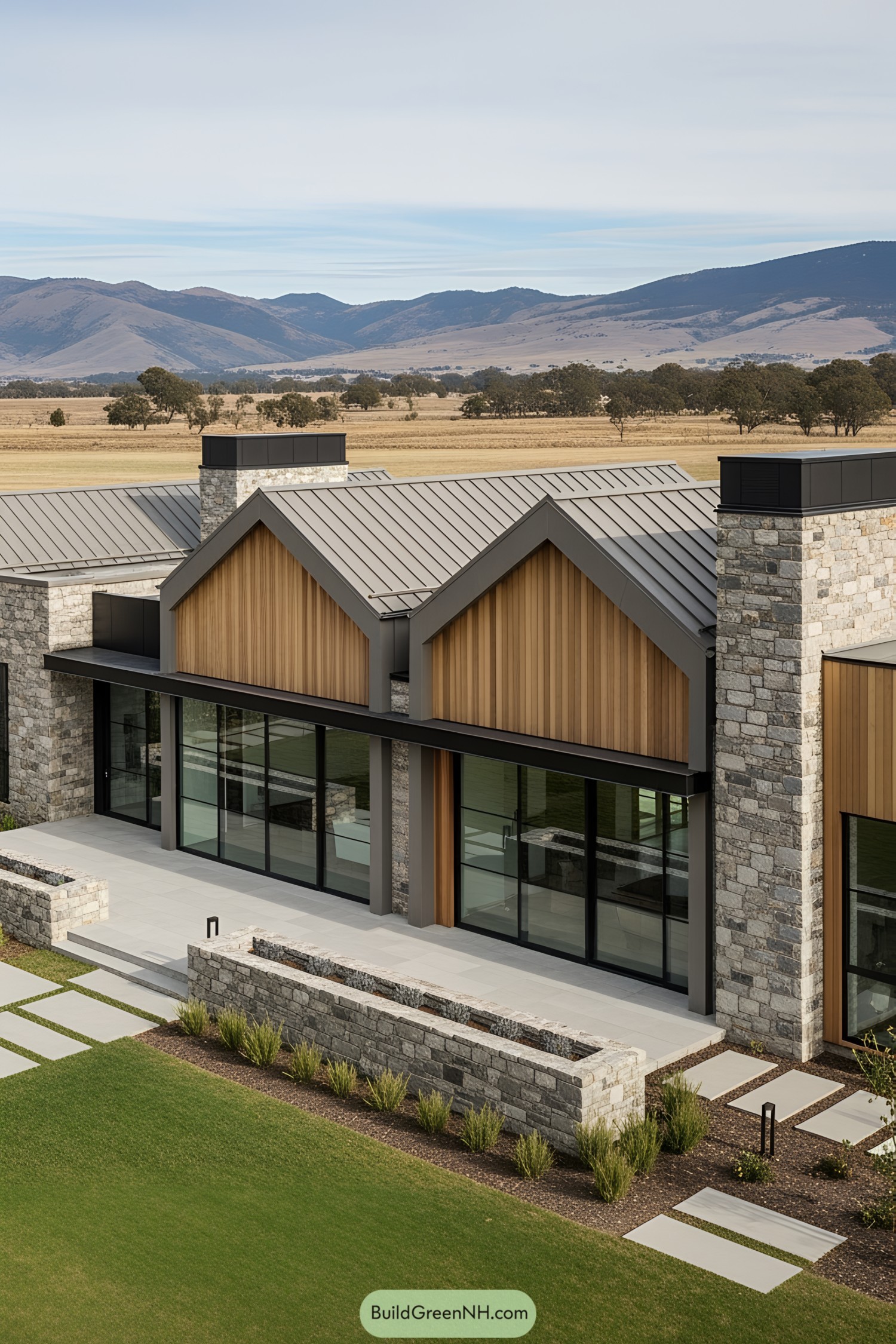 Modern stone house in countryside setting