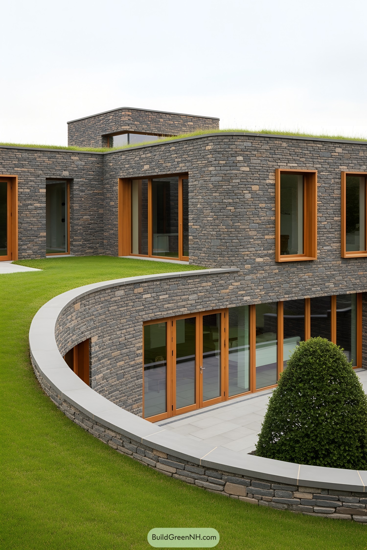 A modern stone house with lush green surroundings