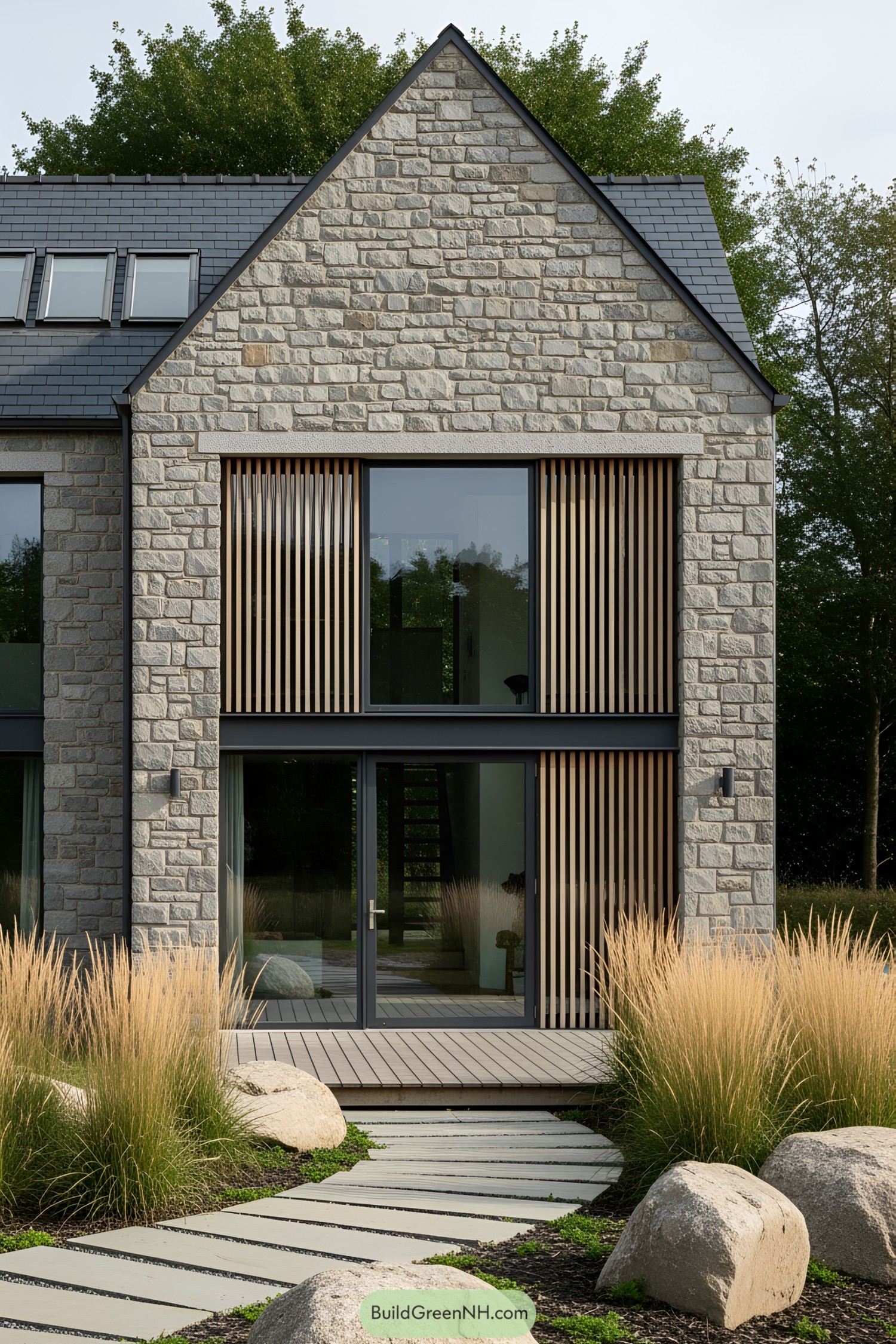 Contemporary stone house with wooden slats and sleek windows