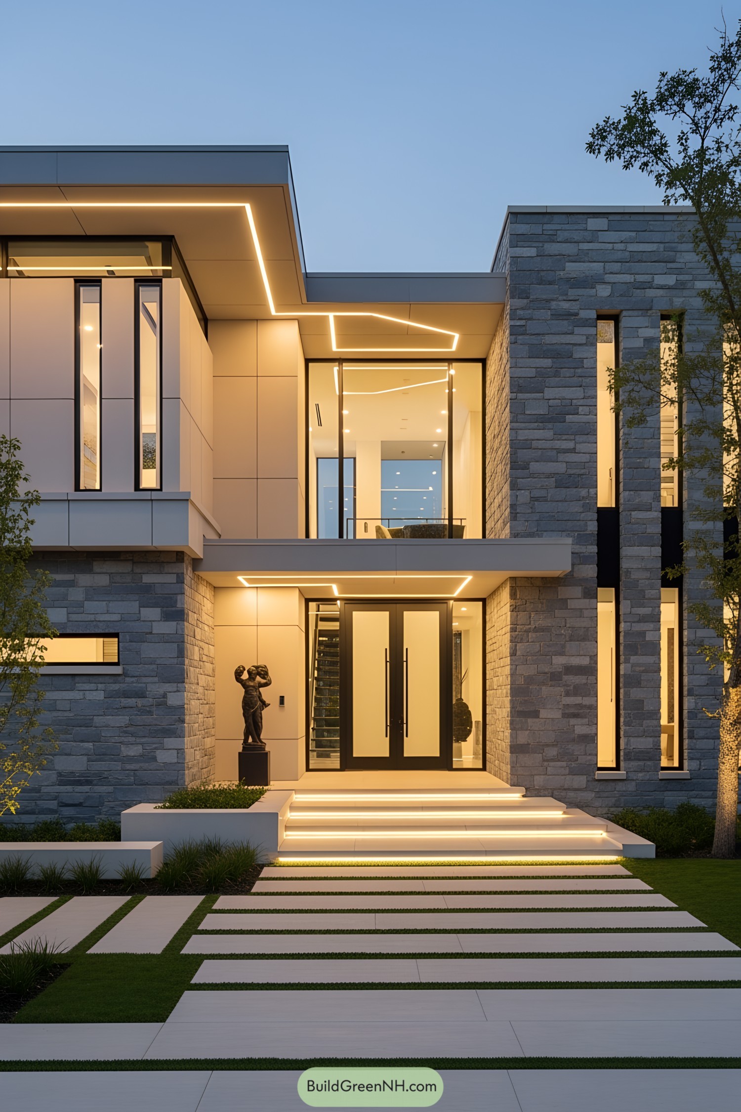 Modern stone house with glowing lights and sleek design