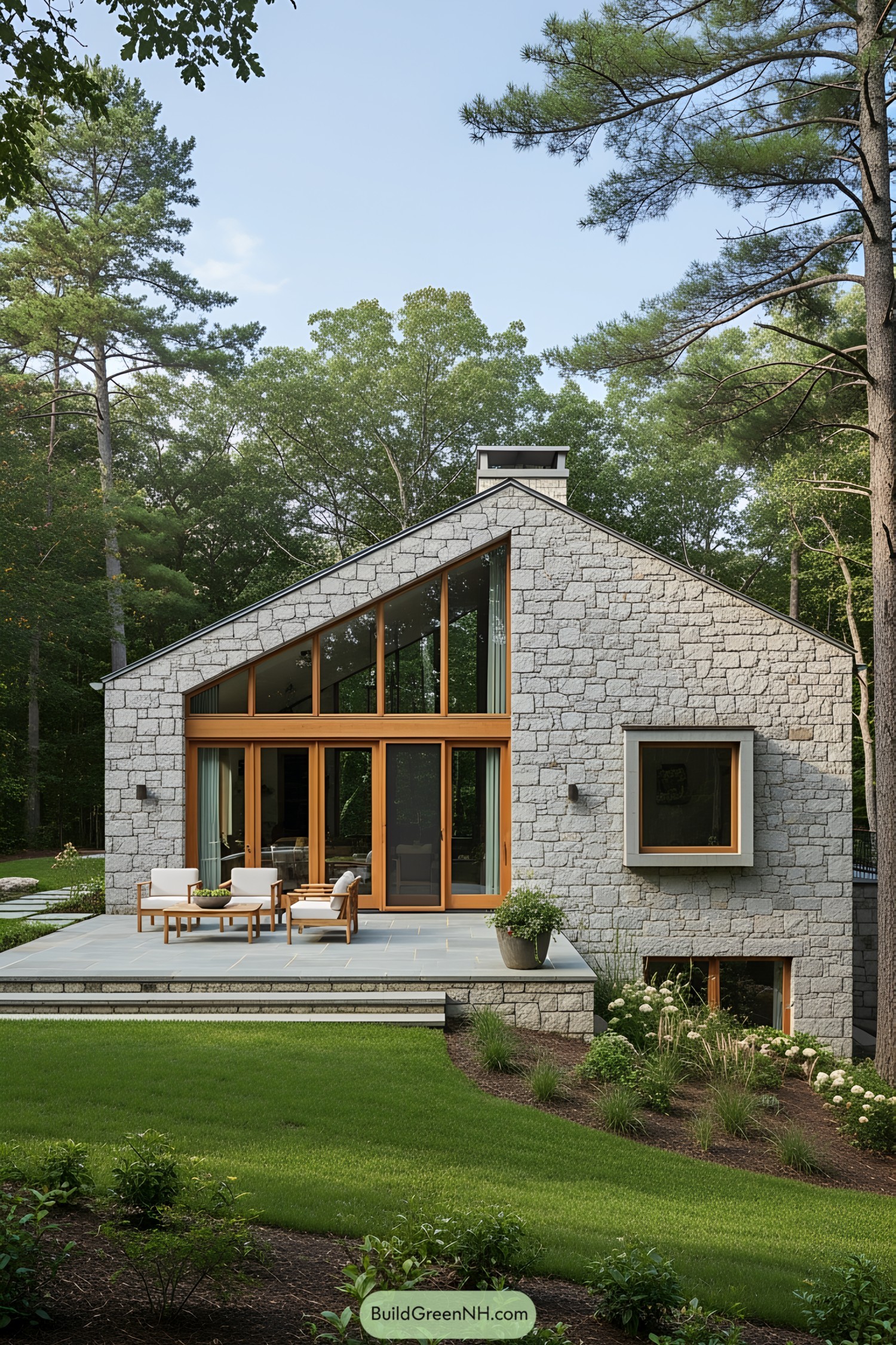 Modern stone house with large windows and patio