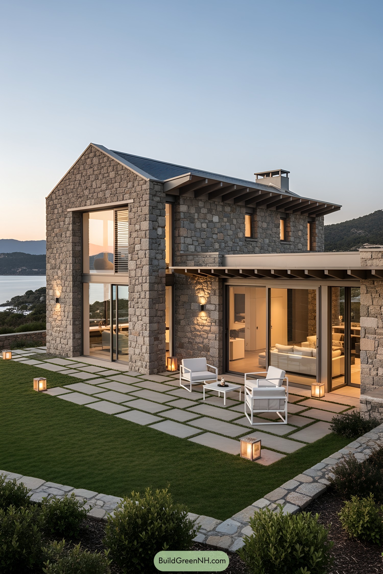 Modern stone house with large glass windows and greenery
