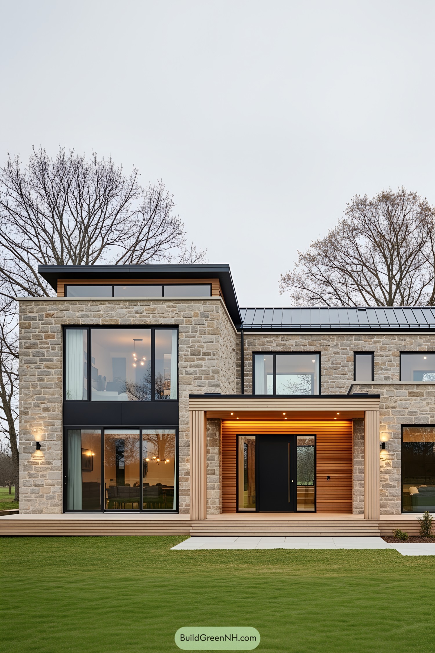 Modern stone house with large windows and a sleek entrance