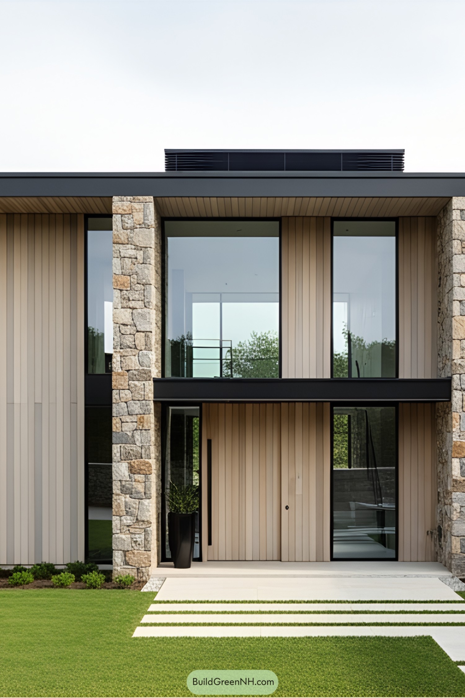 Modern stone facade with large windows