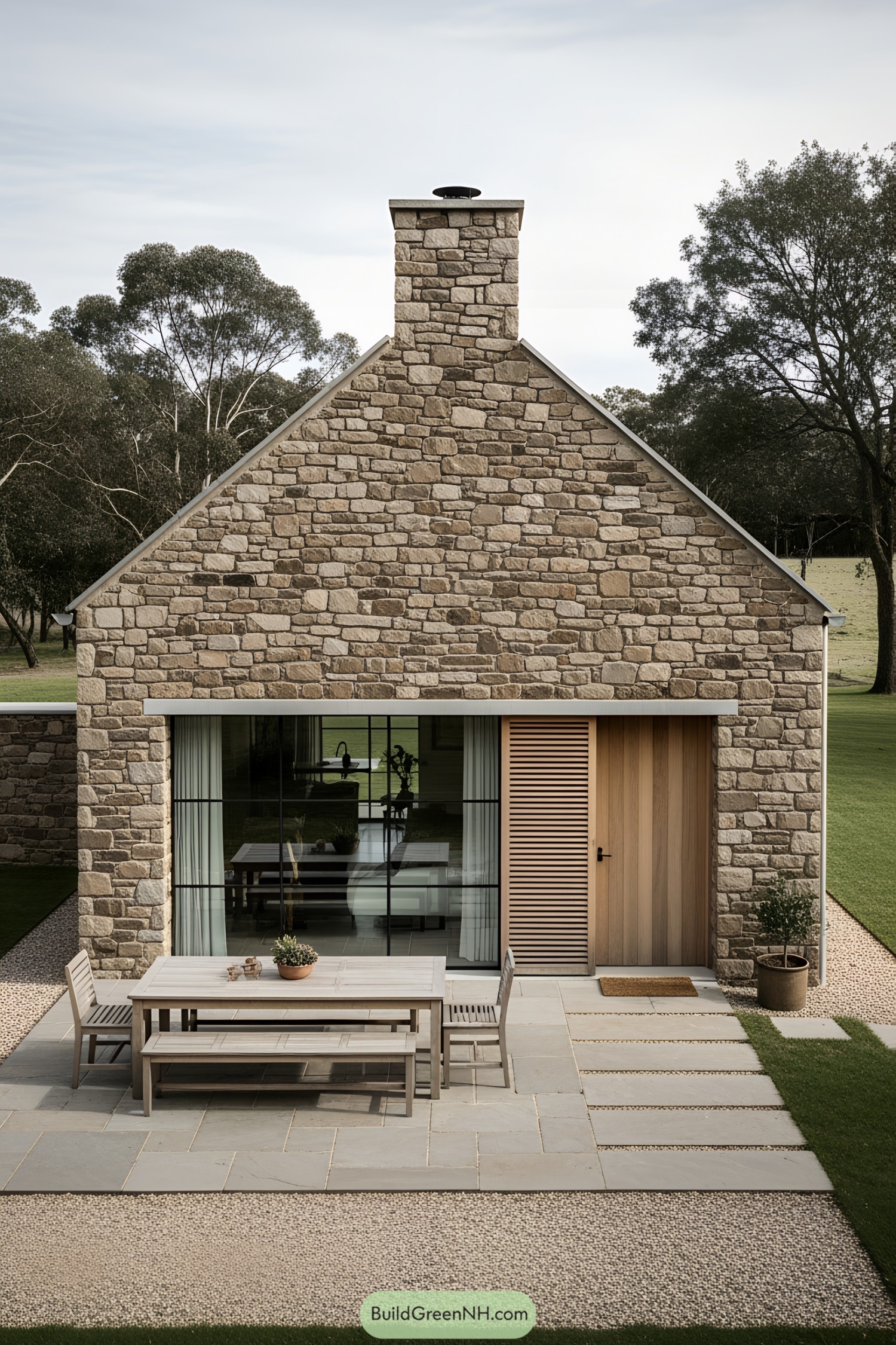Modern stone house with outdoor dining area