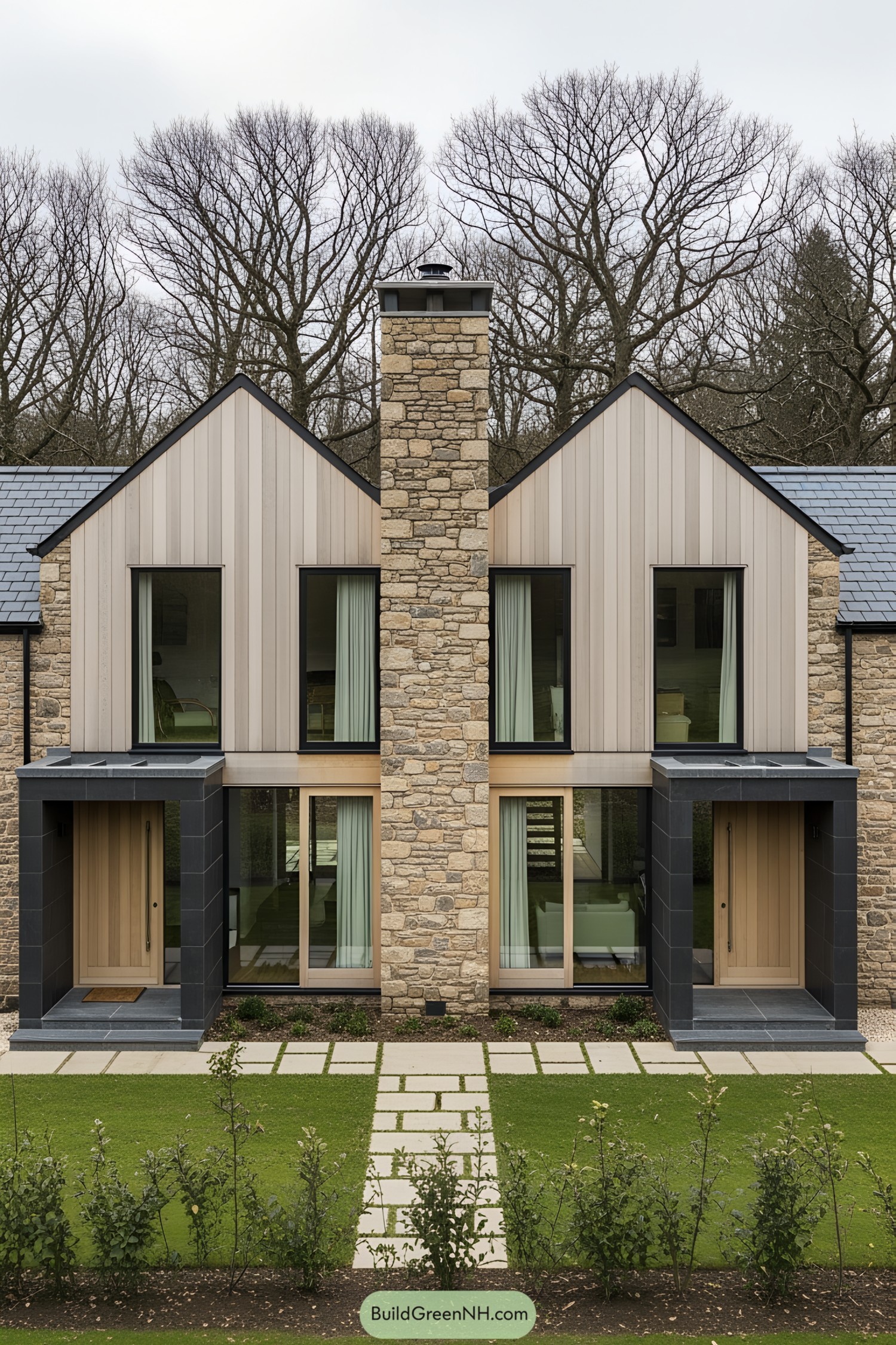Modern stone house with dual gables and tall windows