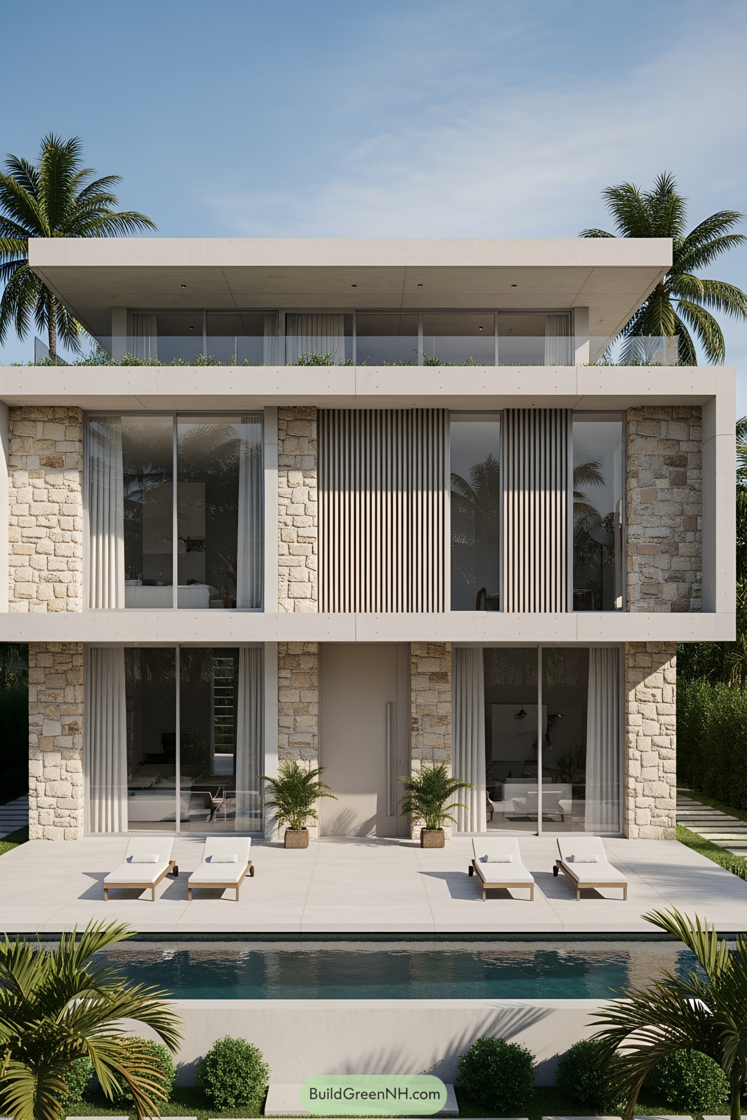Modern stone house with sleek architecture and a swimming pool