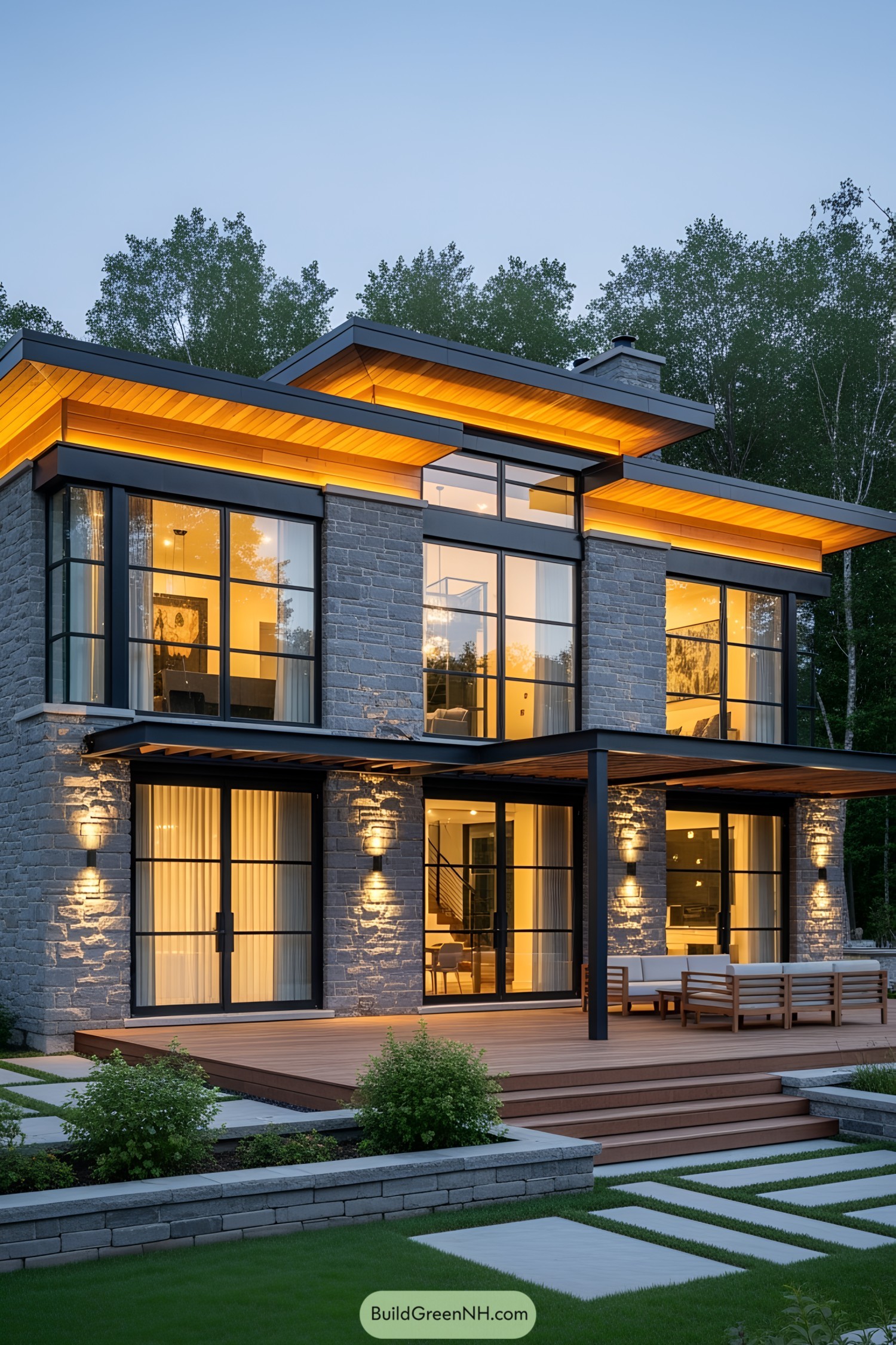 Modern stone house with large windows and glowing lights