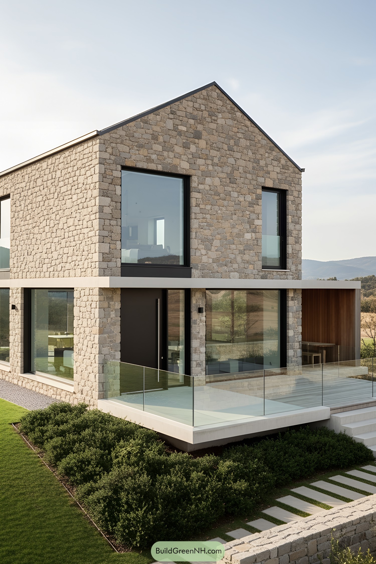 Sleek, modern stone house with large windows and glass railing