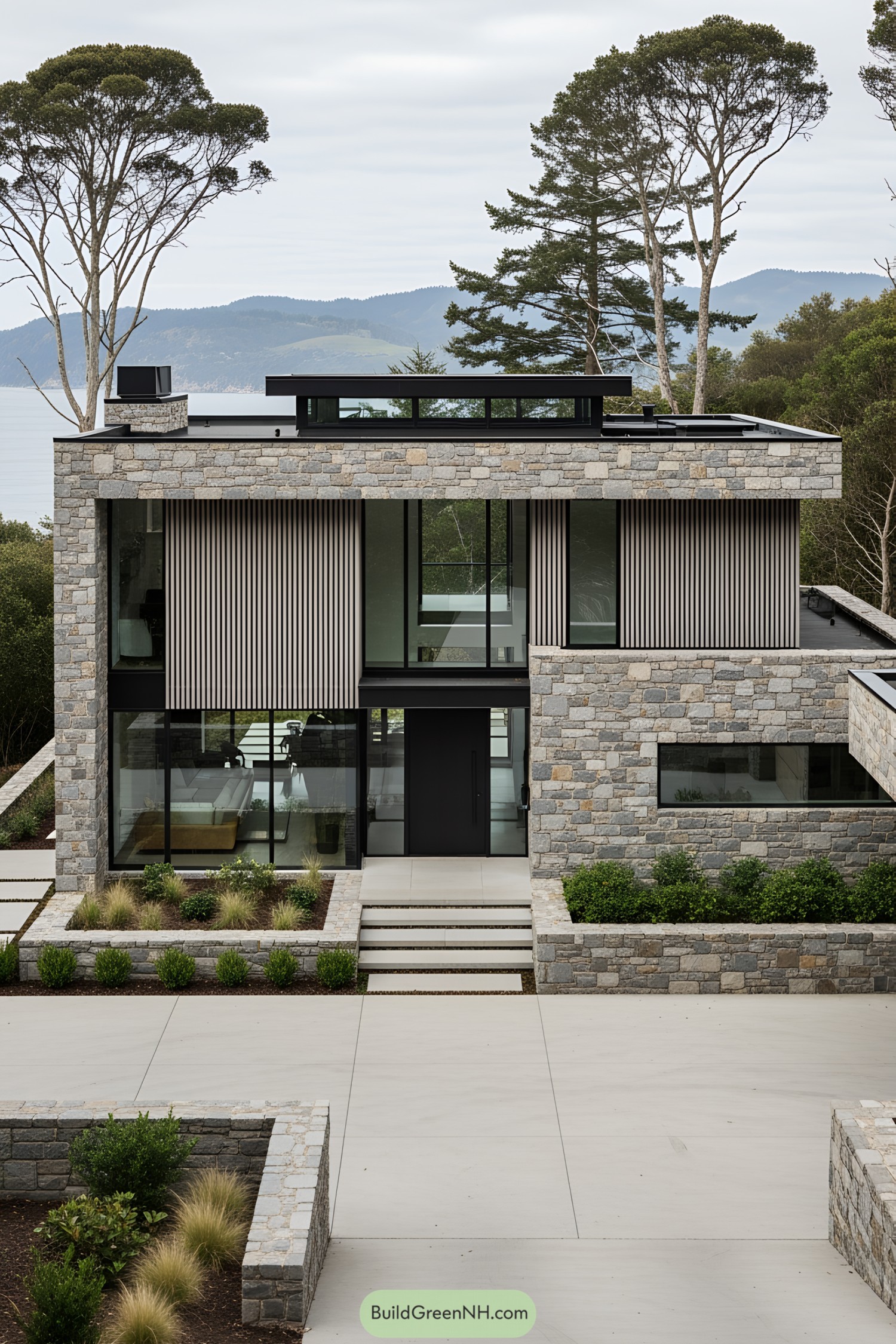 Modern stone house with sleek design and greenery