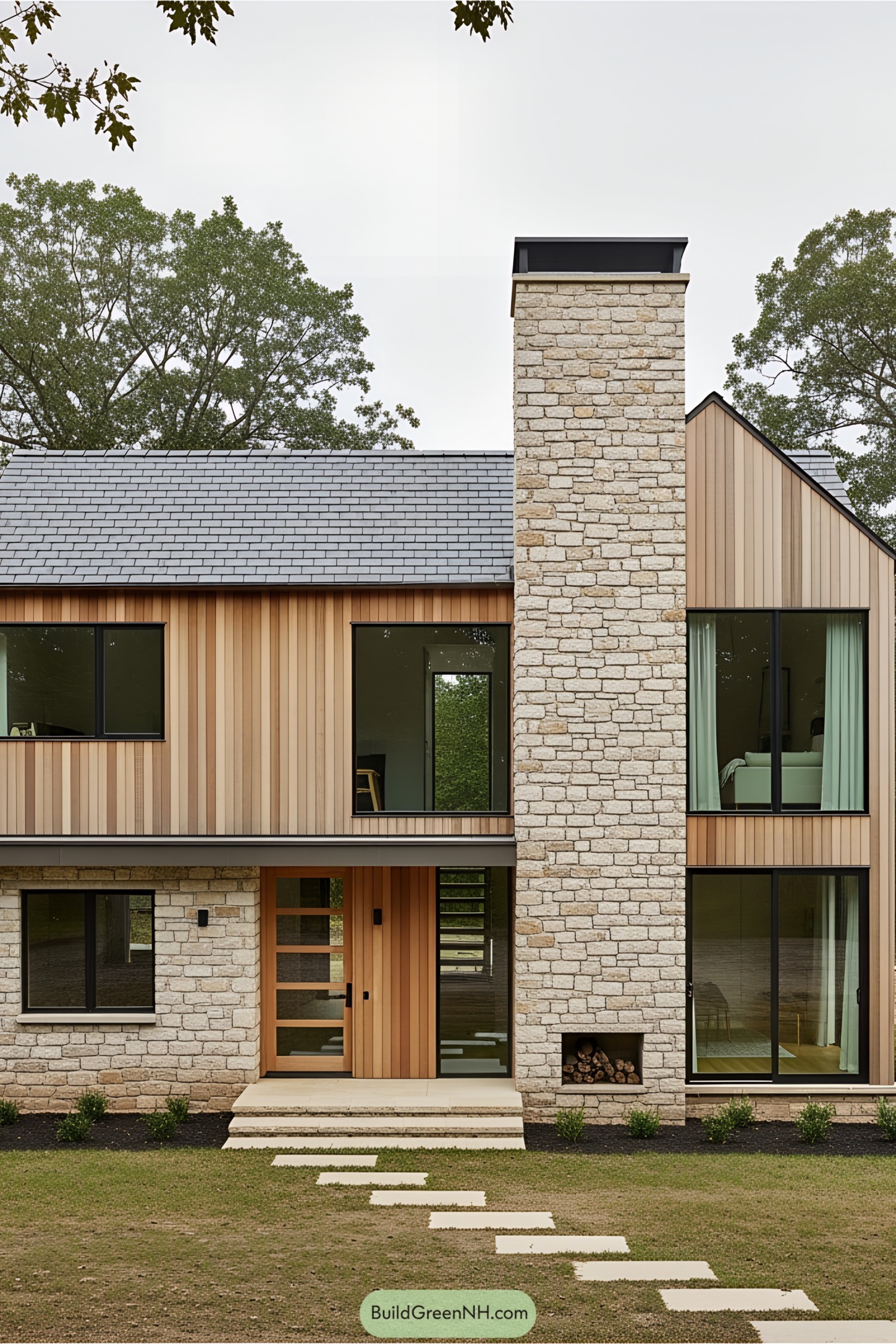 Modern stone house with large windows and wood accents