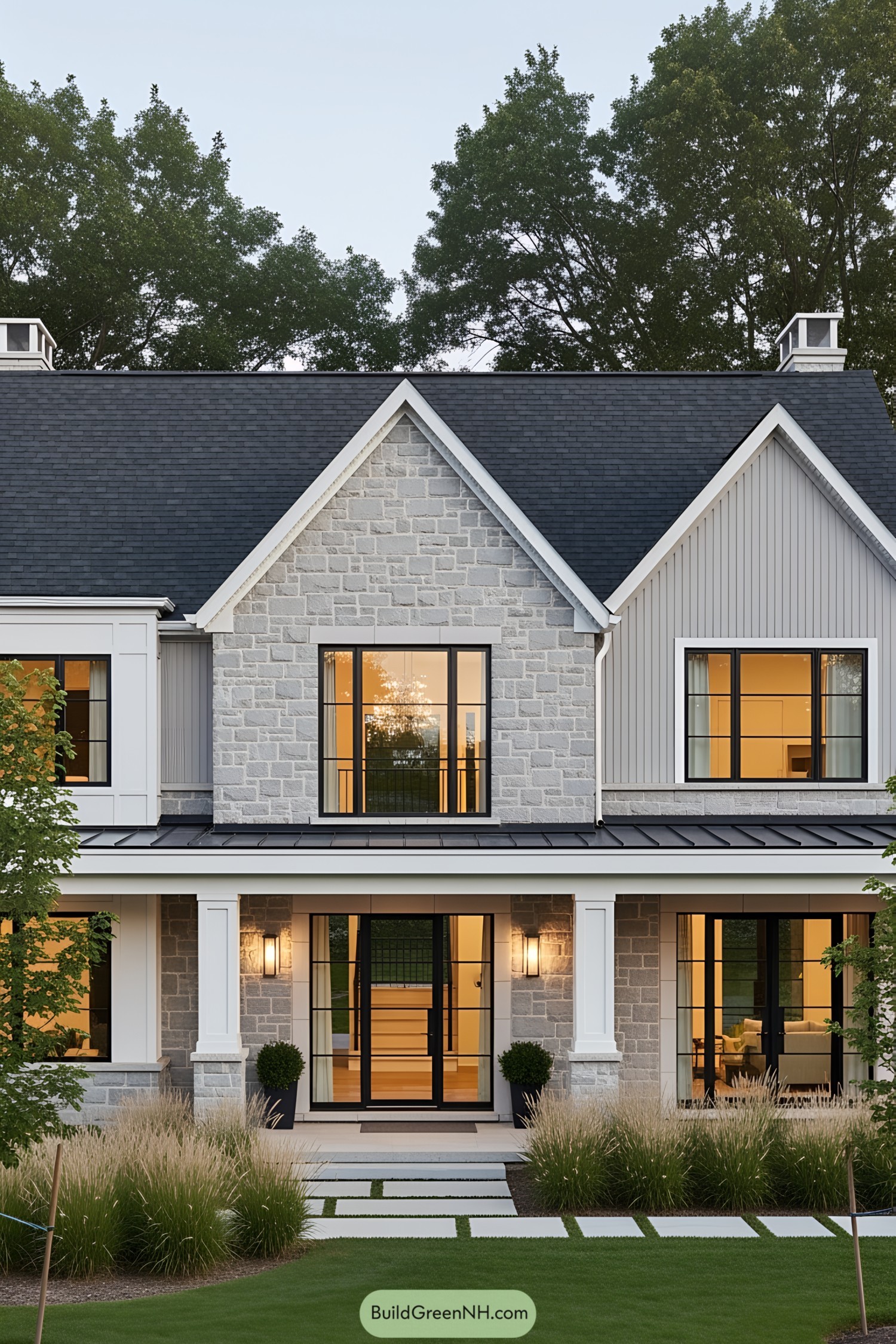 A sleek stone house with large windows and a manicured lawn