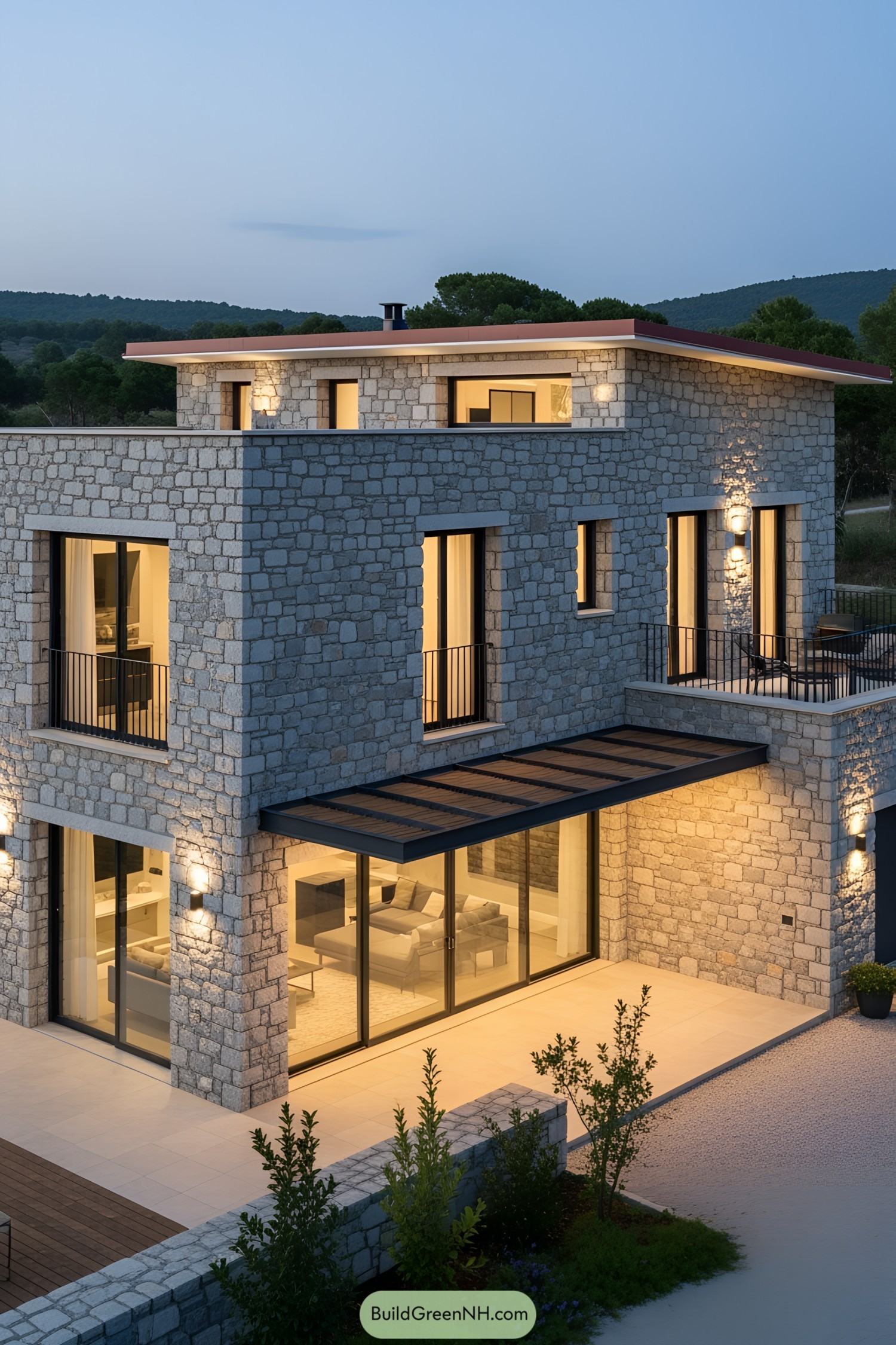 A modern stone house with large windows and warm lighting