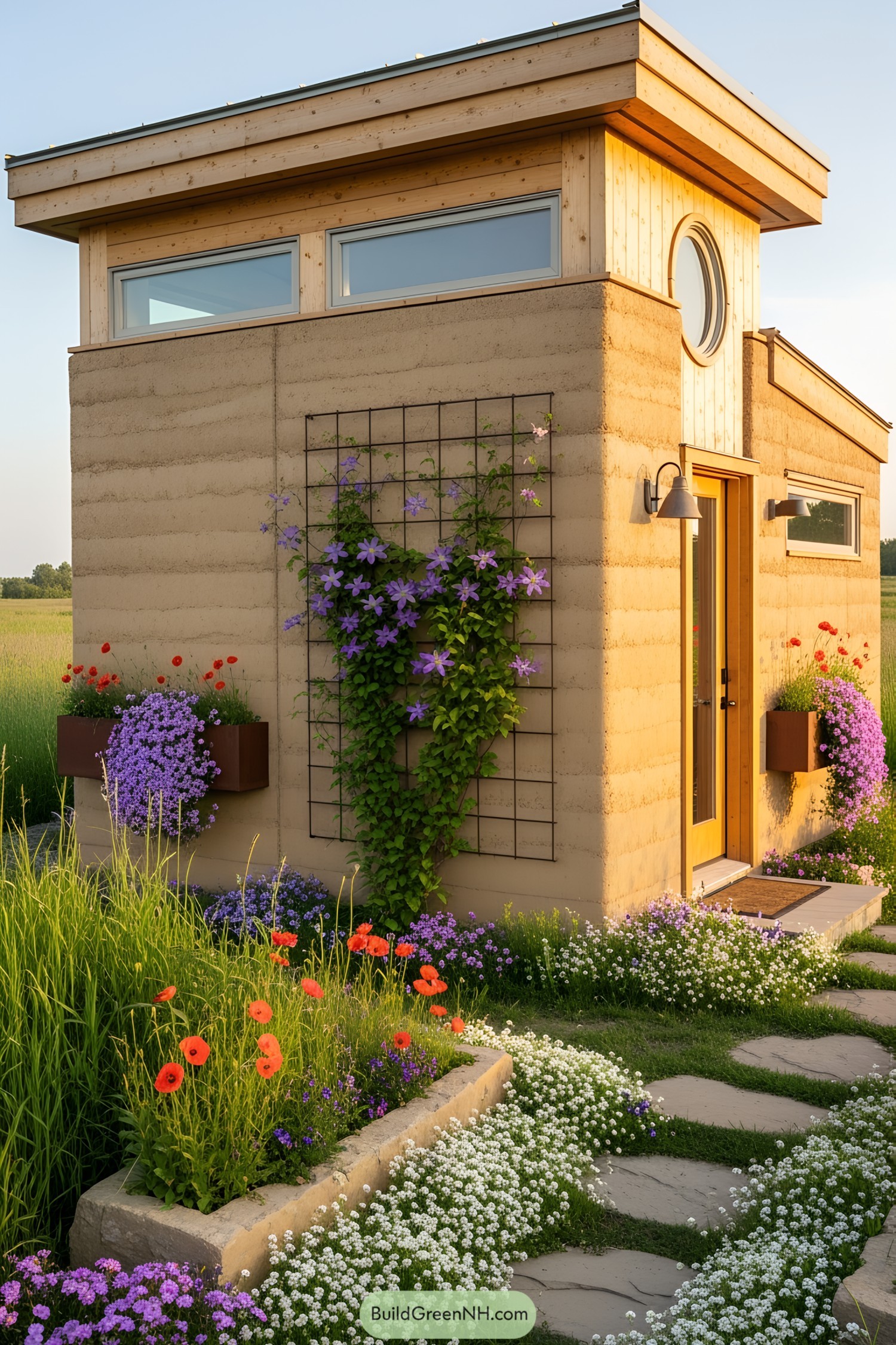 Tiny house adorned with colorful flowers
