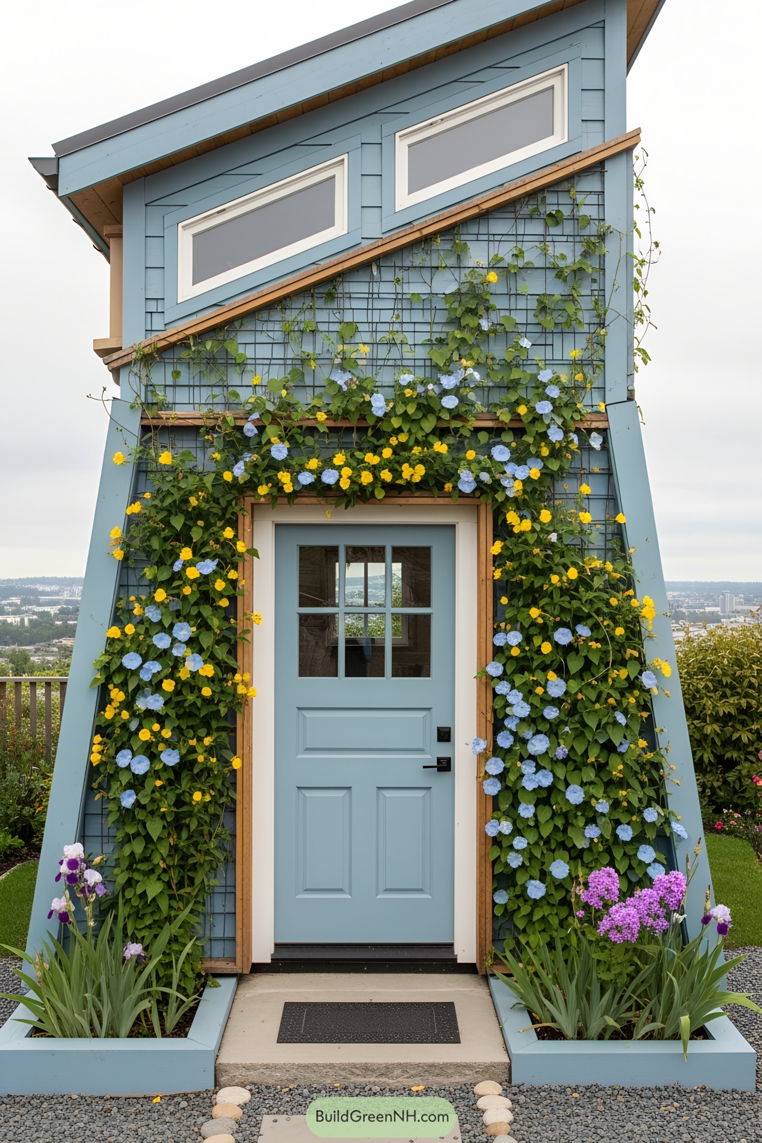 Compact house with blue blooms and luscious vines