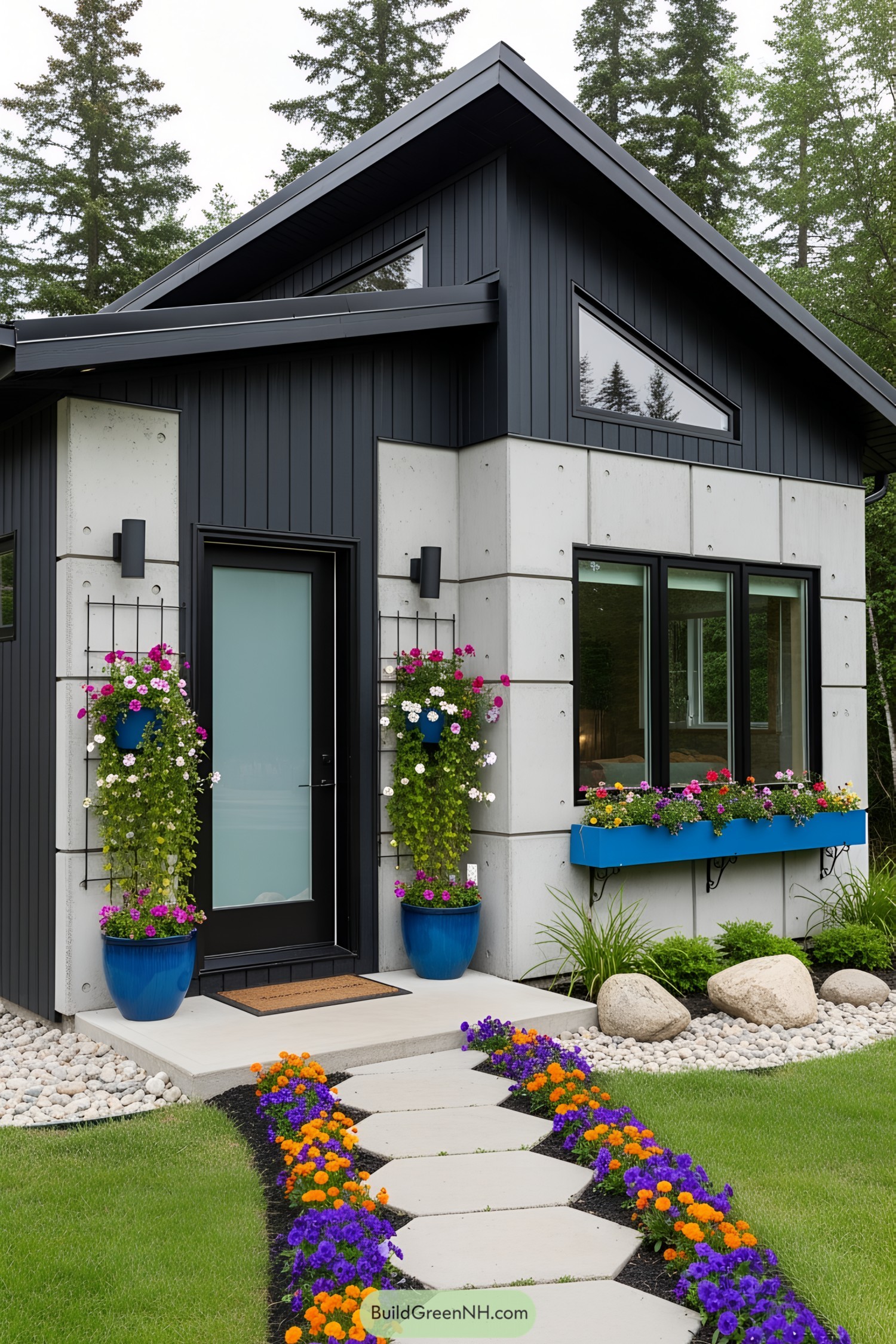 Small house with flower-covered facade and modern design