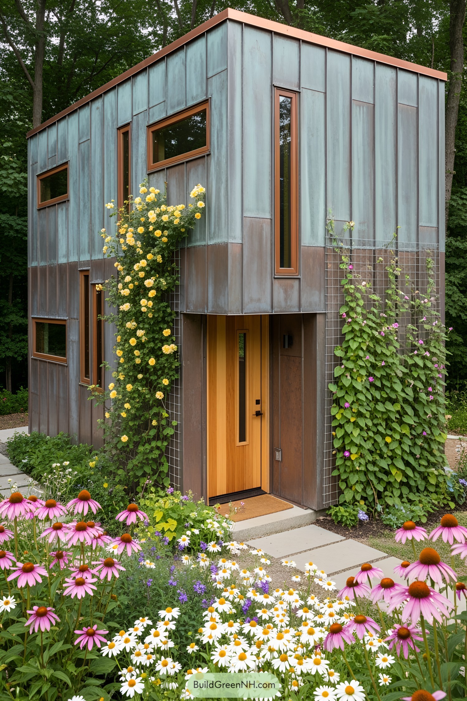 Tiny house with flower-adorned facade and windows