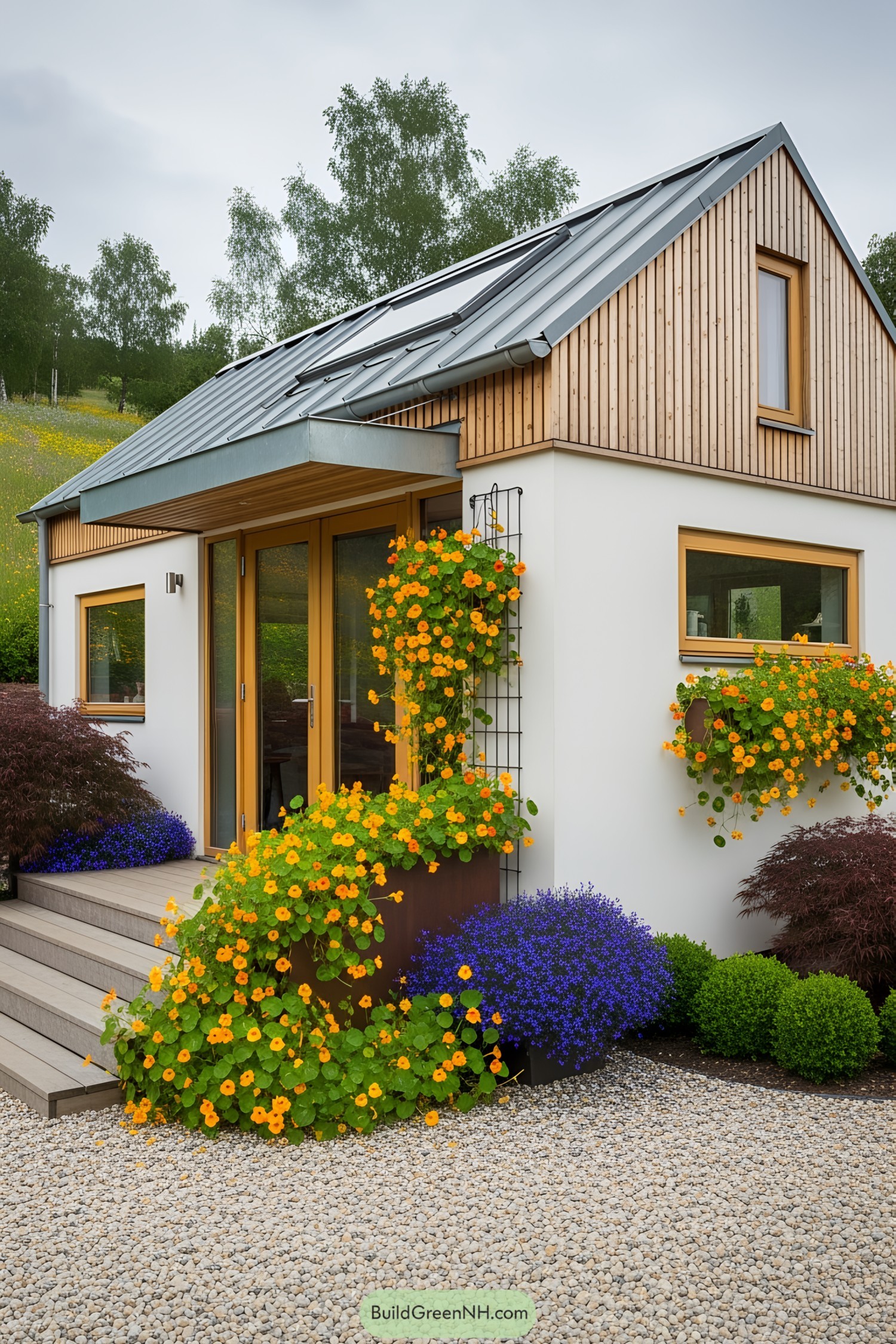 A compact home adorned with vibrant flowers