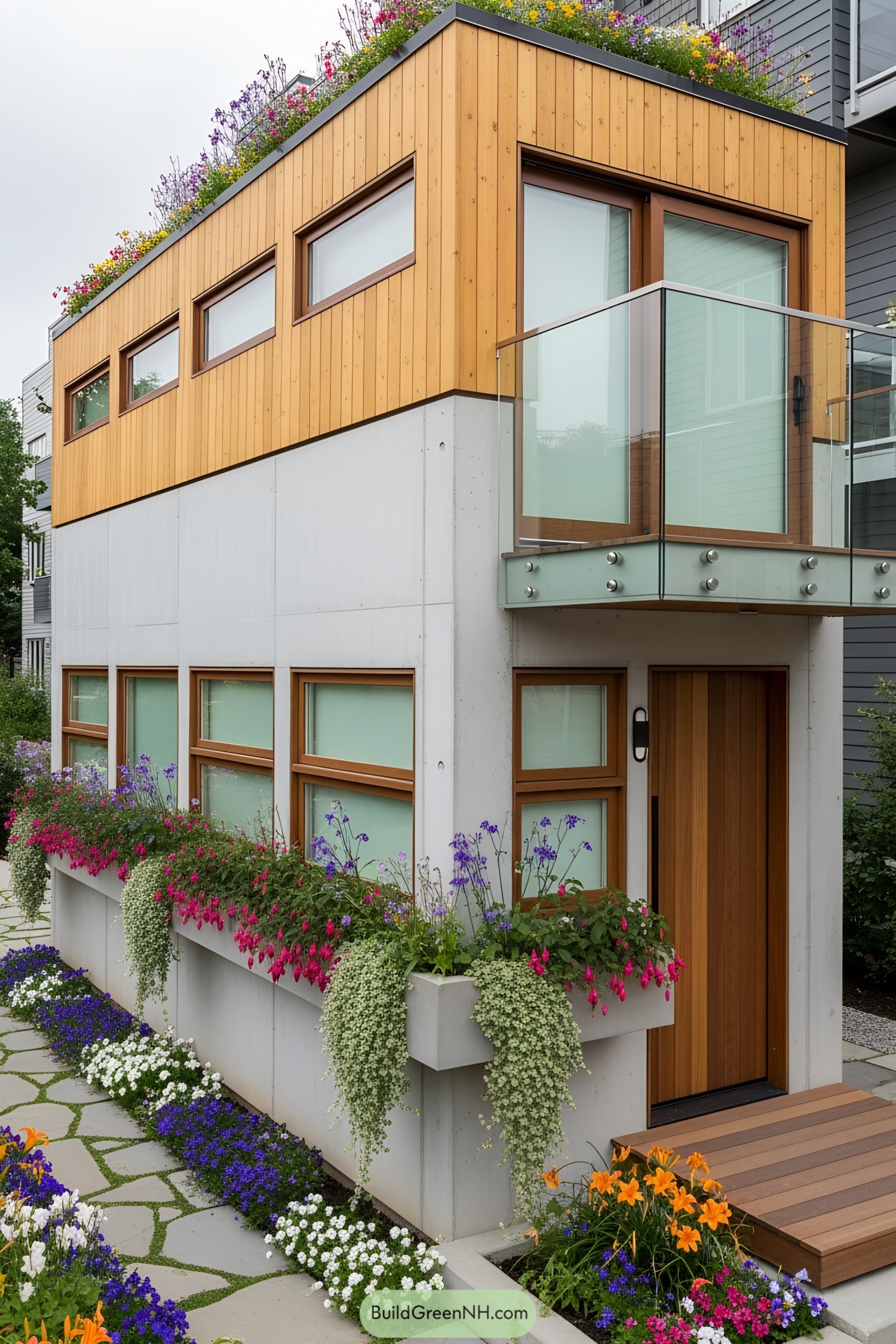 Tiny house with vibrant flowers on the facade