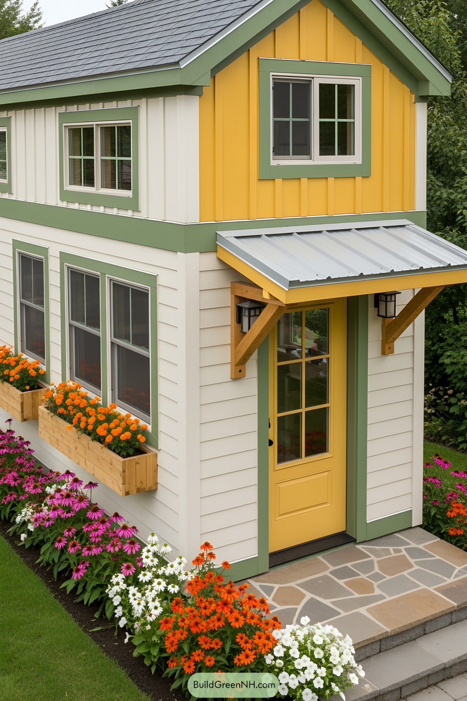 Tiny house with colorful flowers on the facade