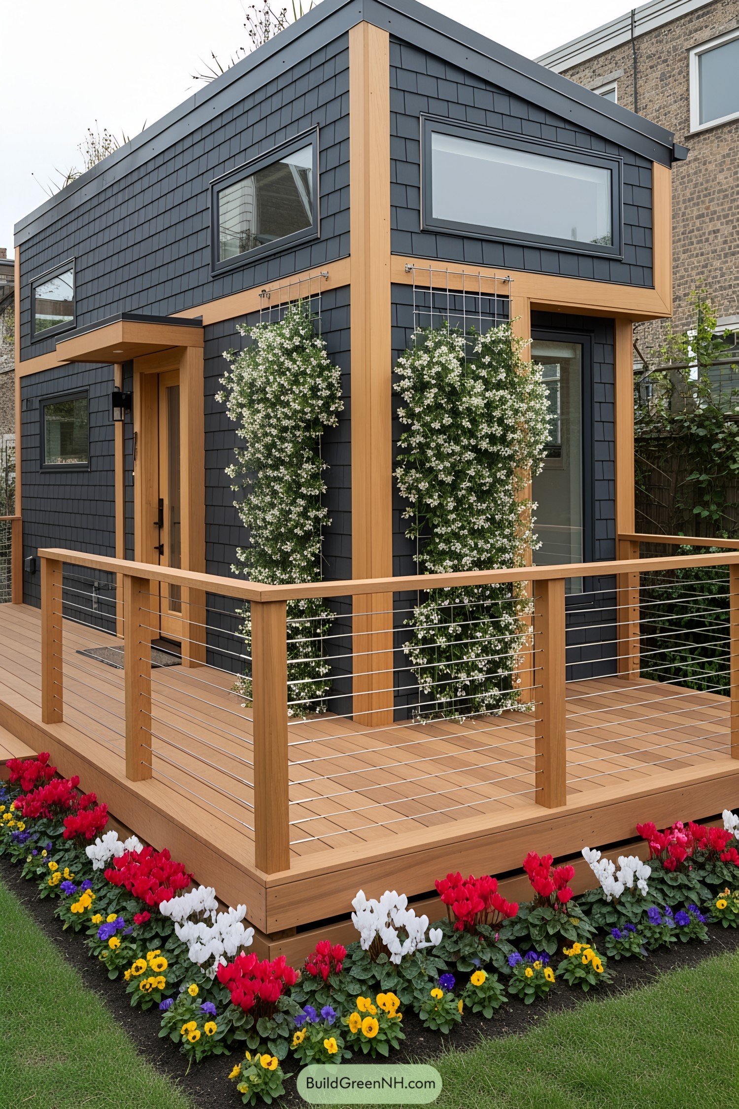 Tiny house adorned with vertical white flowers and wooden accents
