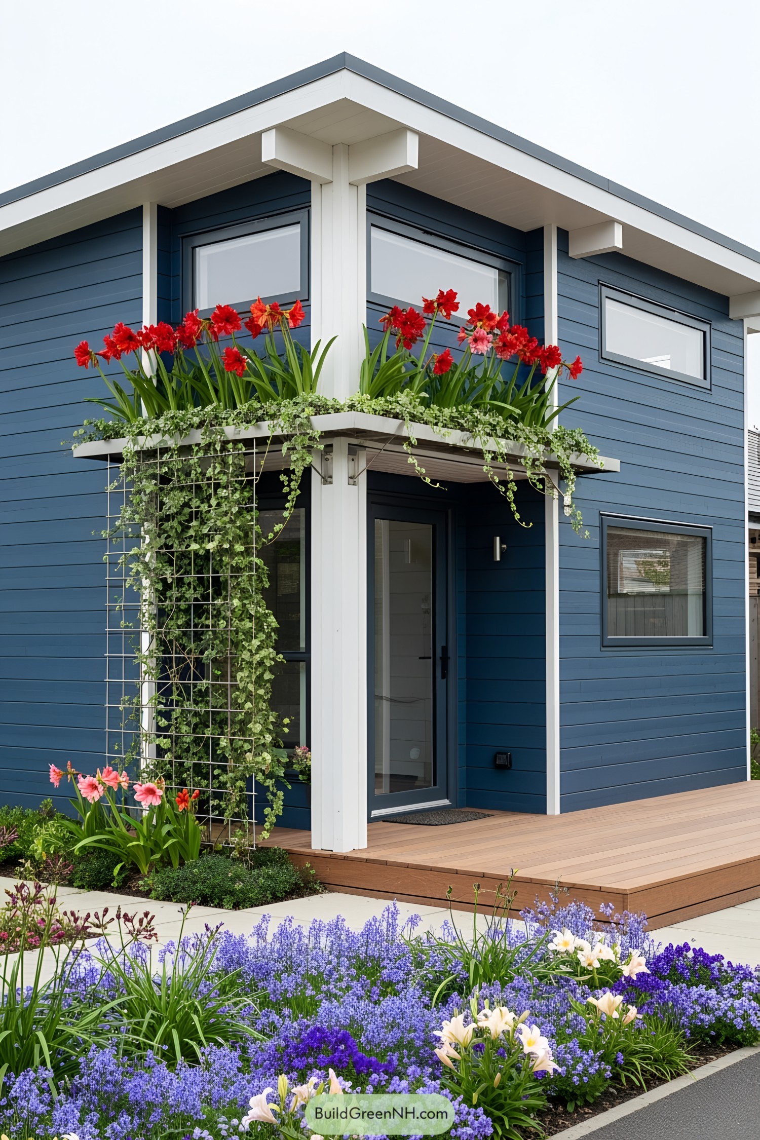 Tiny house with a striking floral facade featuring a vibrant flower display