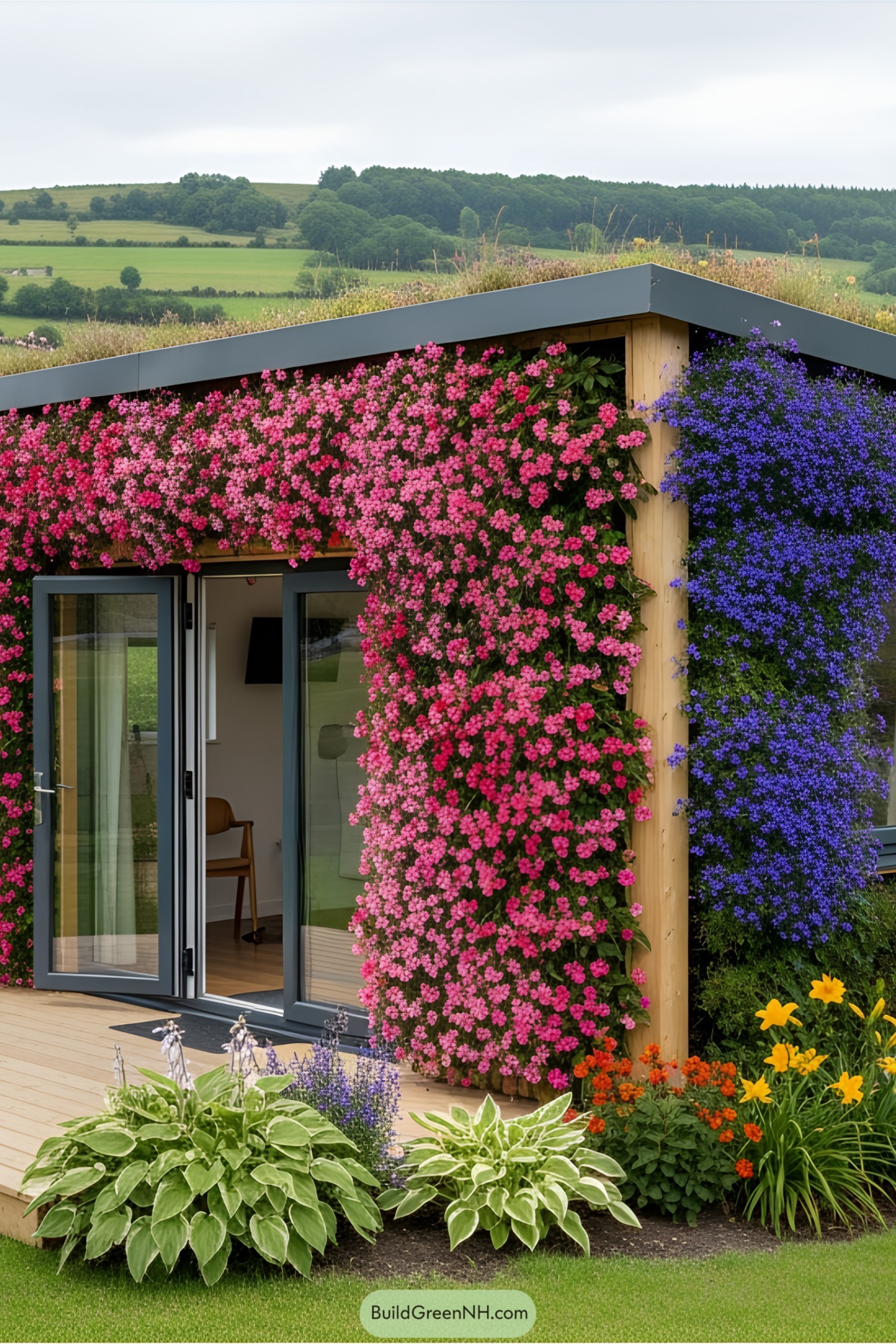 Tiny house with vibrant flowers on walls and garden