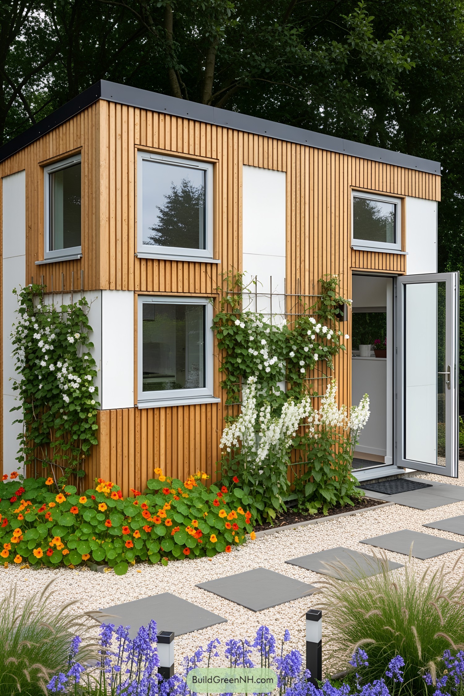 Tiny house with wooden slats and flowering facade