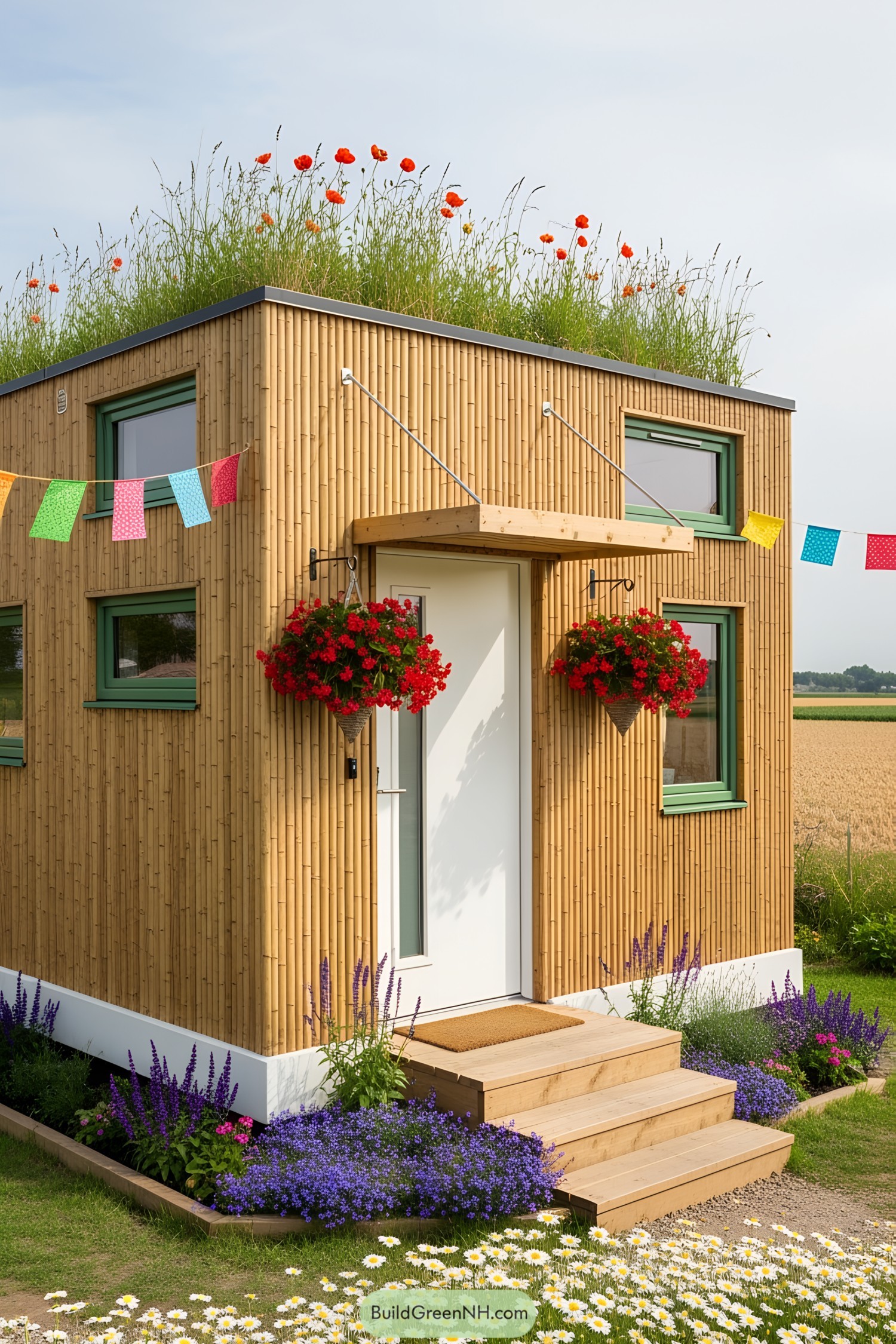 Tiny house with flower-covered facade and vibrant greenery