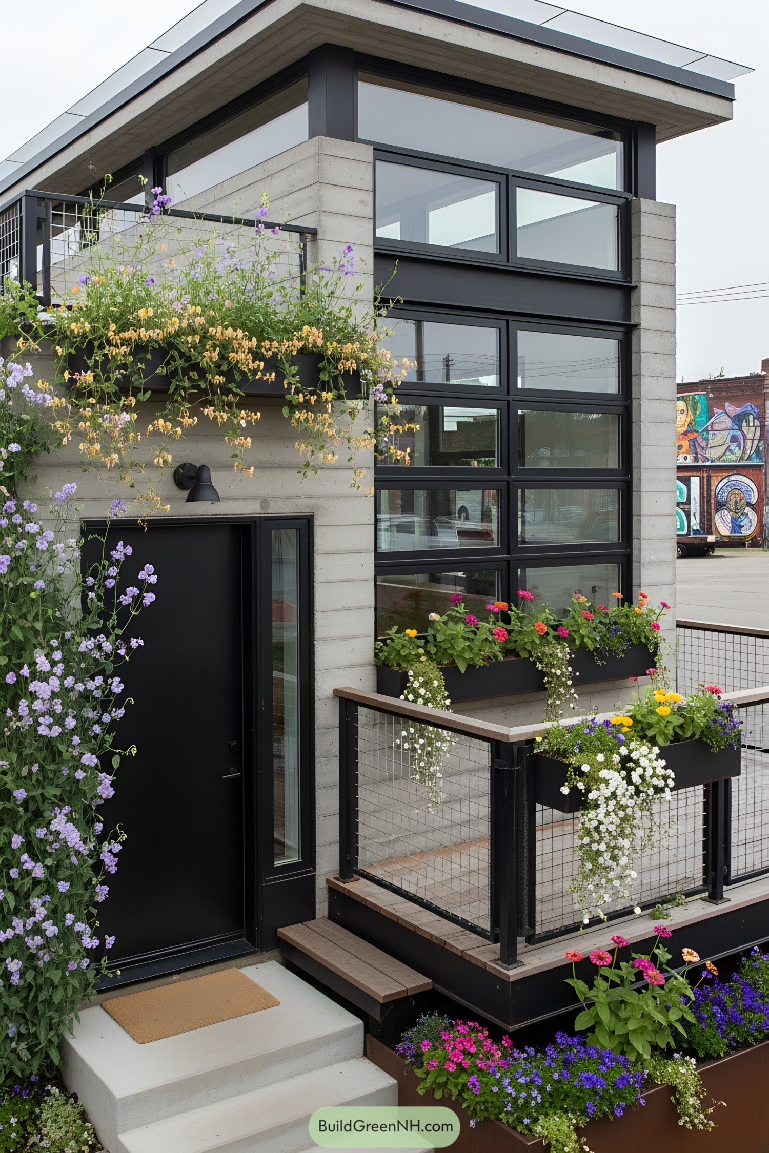 Tiny house with flowers on the facade