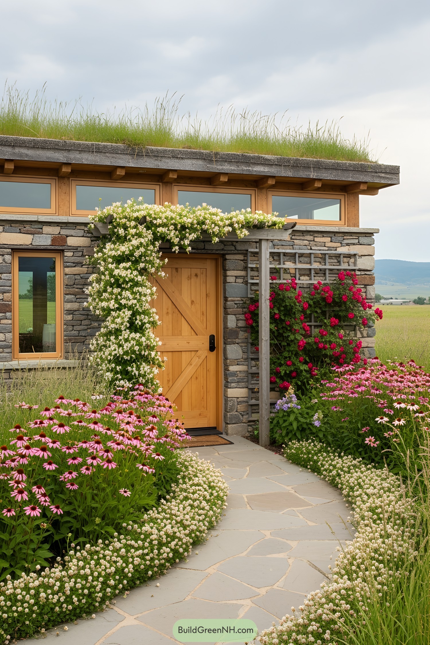 Tiny house with lush flower-adorned facade