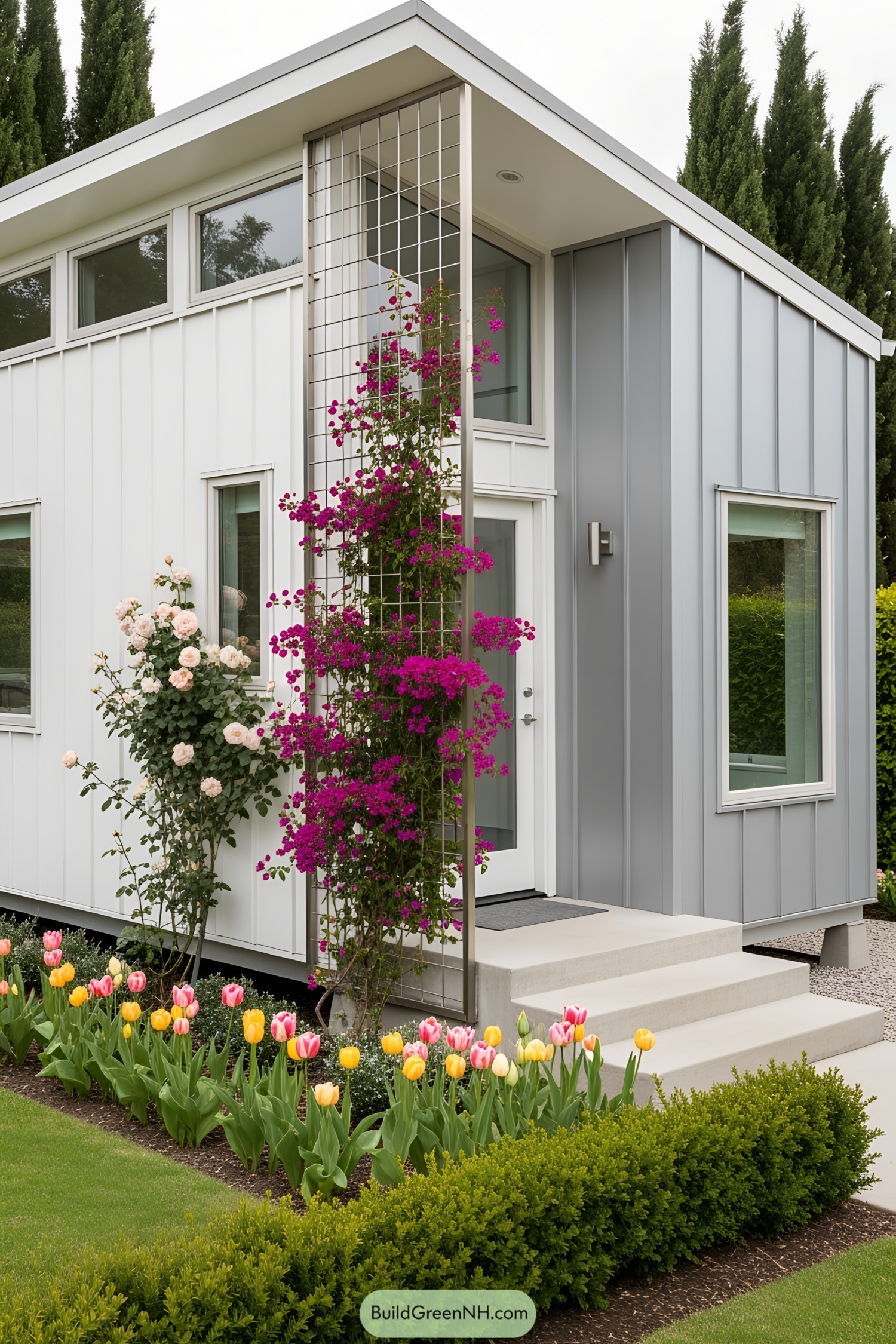 Tiny house with vibrant floral facade and garden