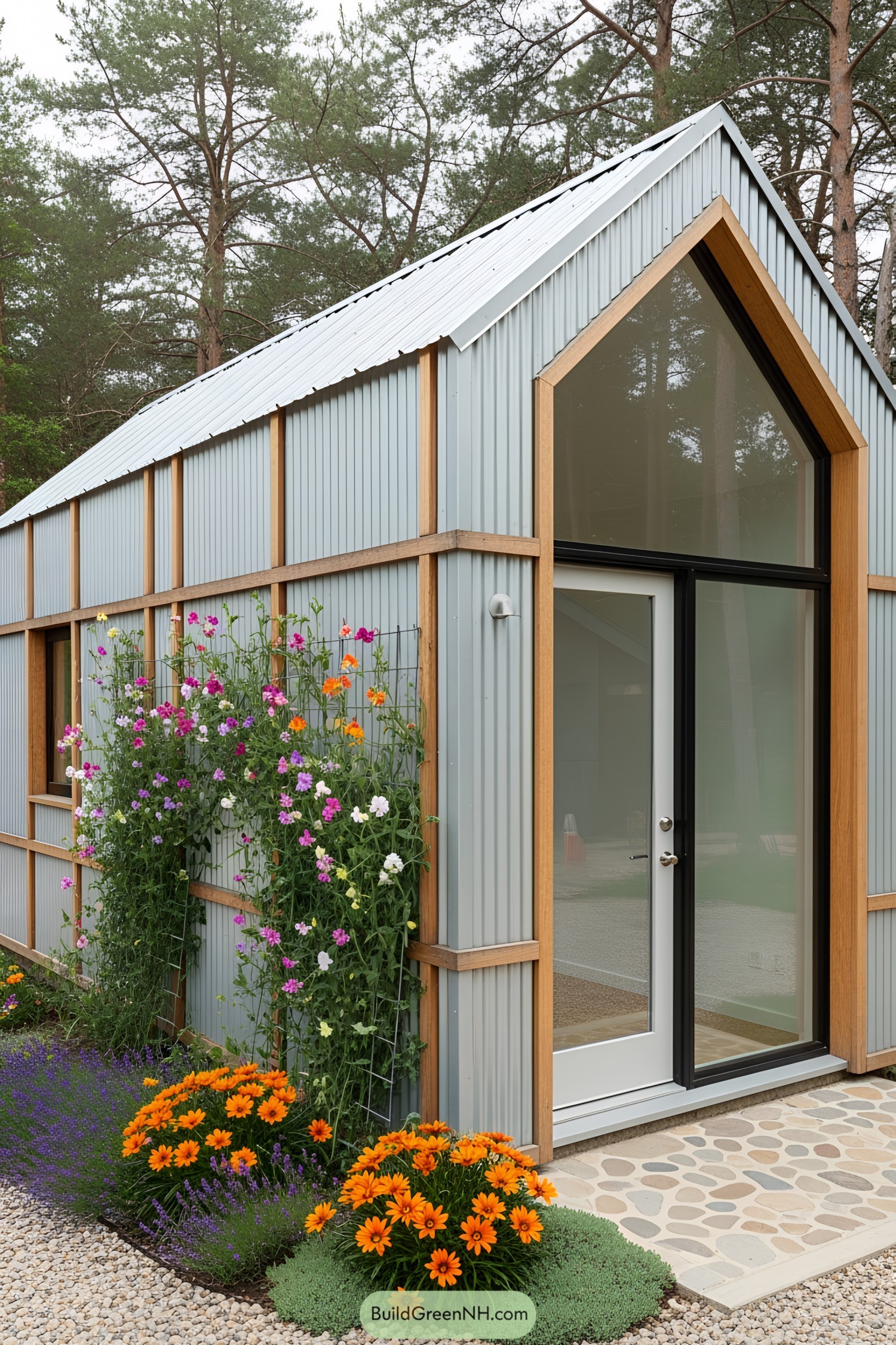 Small modern house with flowers on the exterior