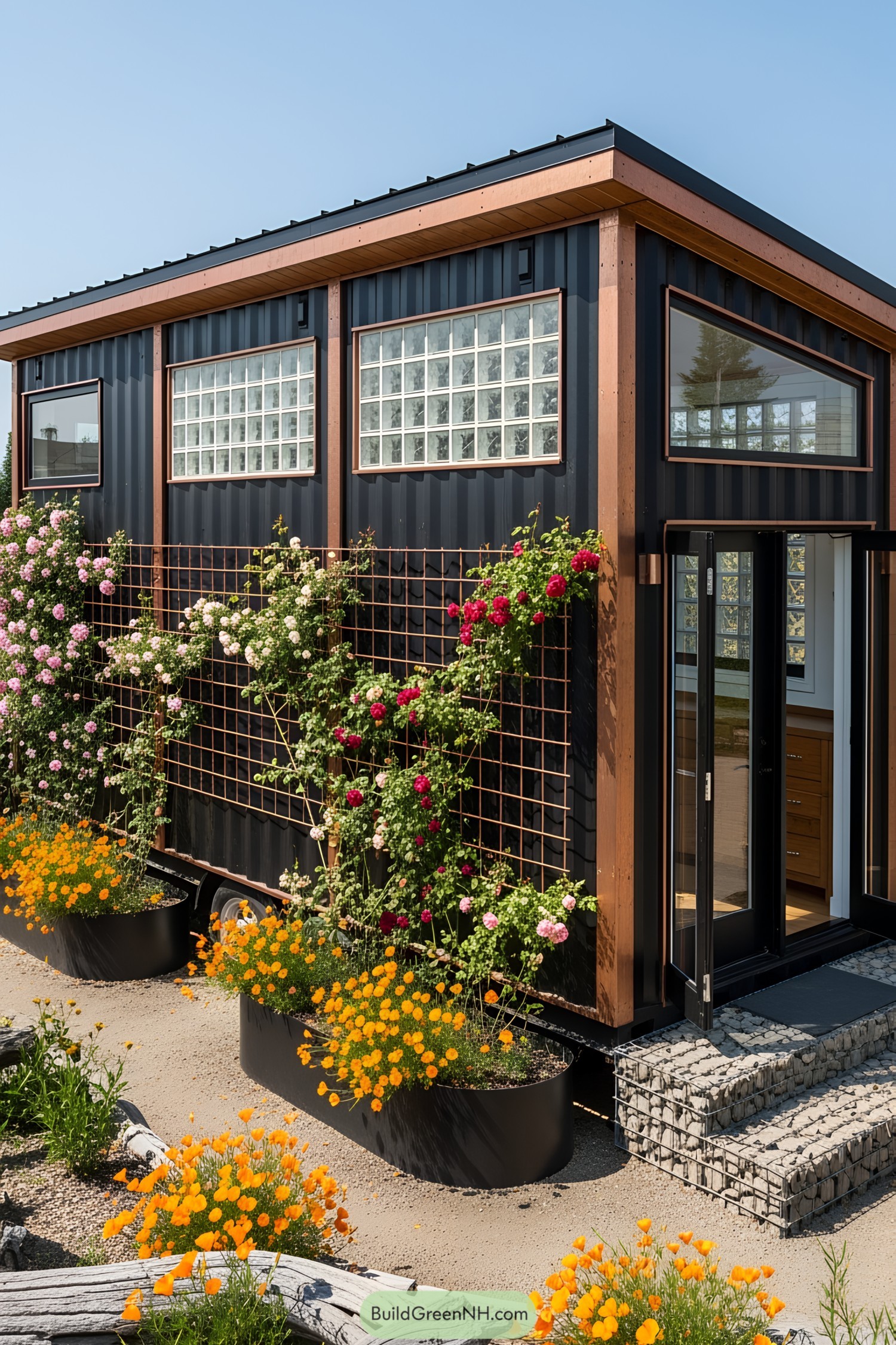 Tiny house with plants and flowers adorning the exterior