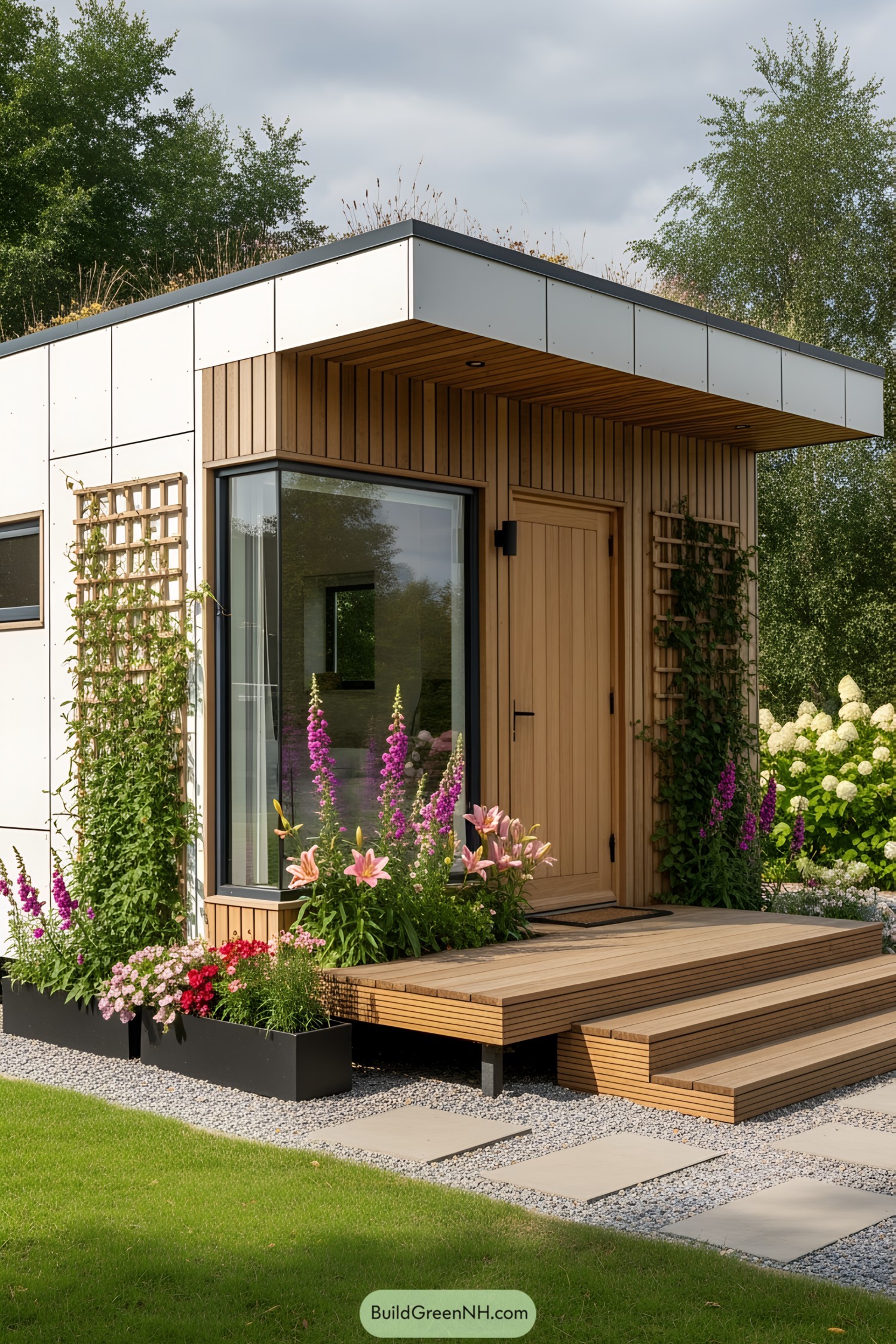 Tiny house with a wooden facade and vibrant flowers