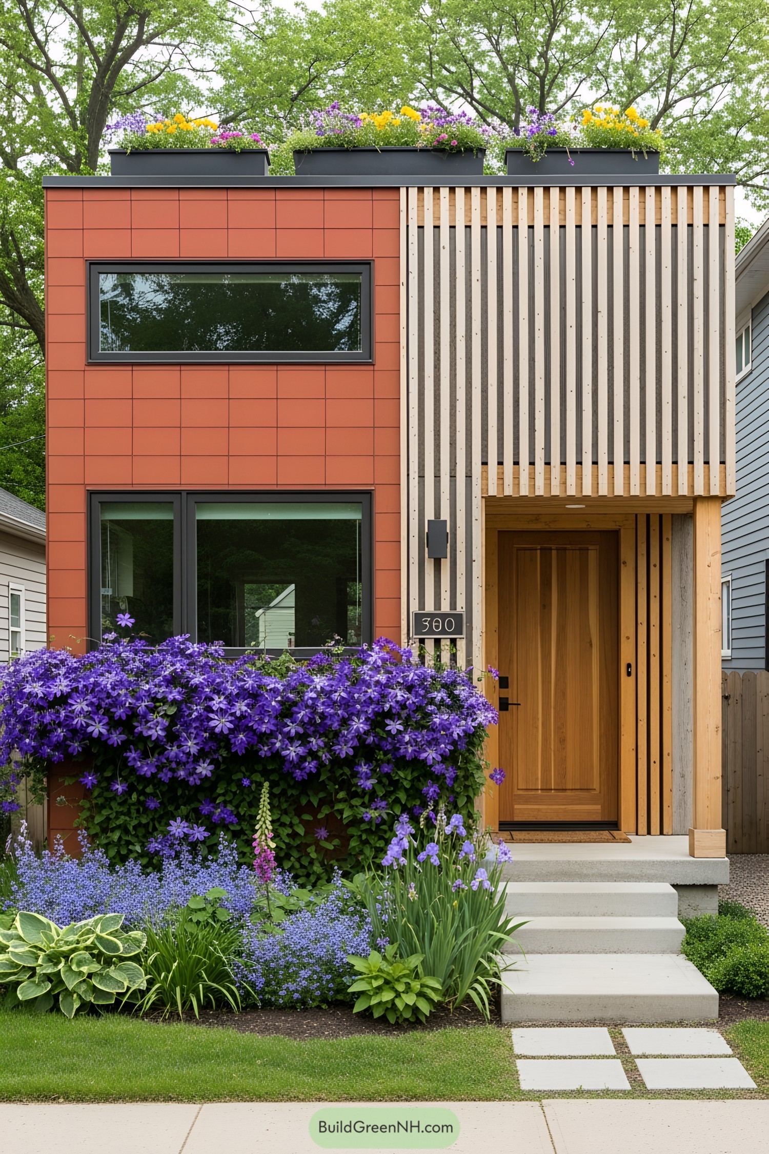 Tiny house with vibrant flower-covered facade