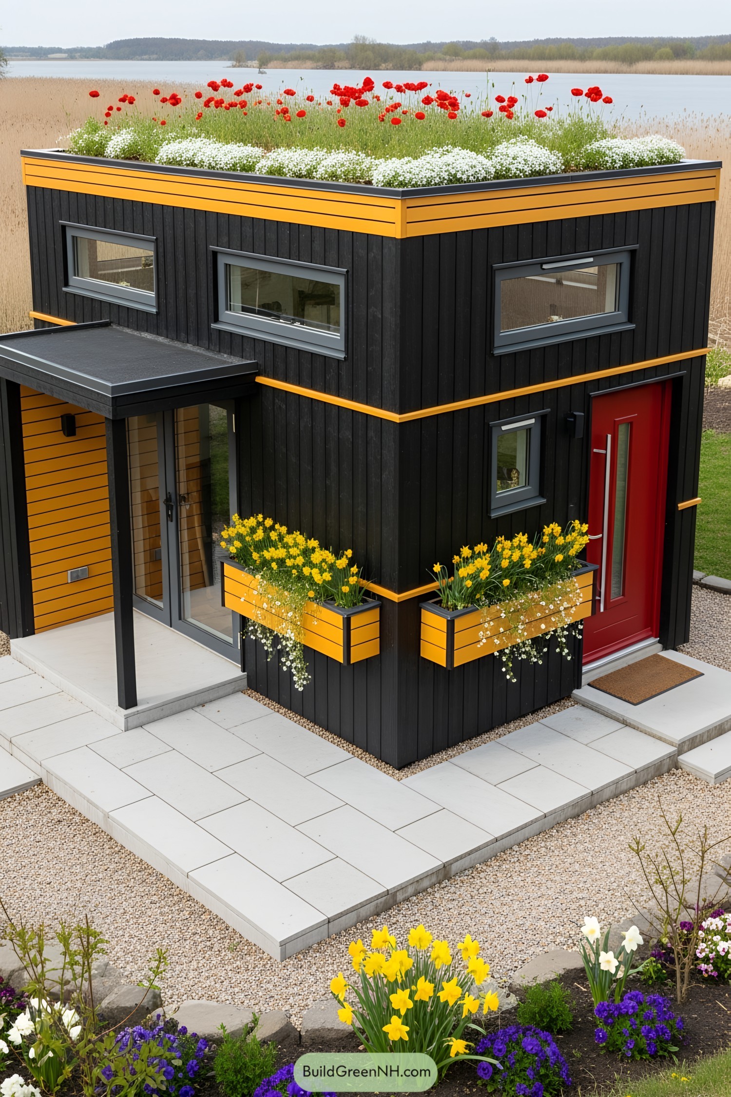 Tiny house with colorful flowers on its exterior