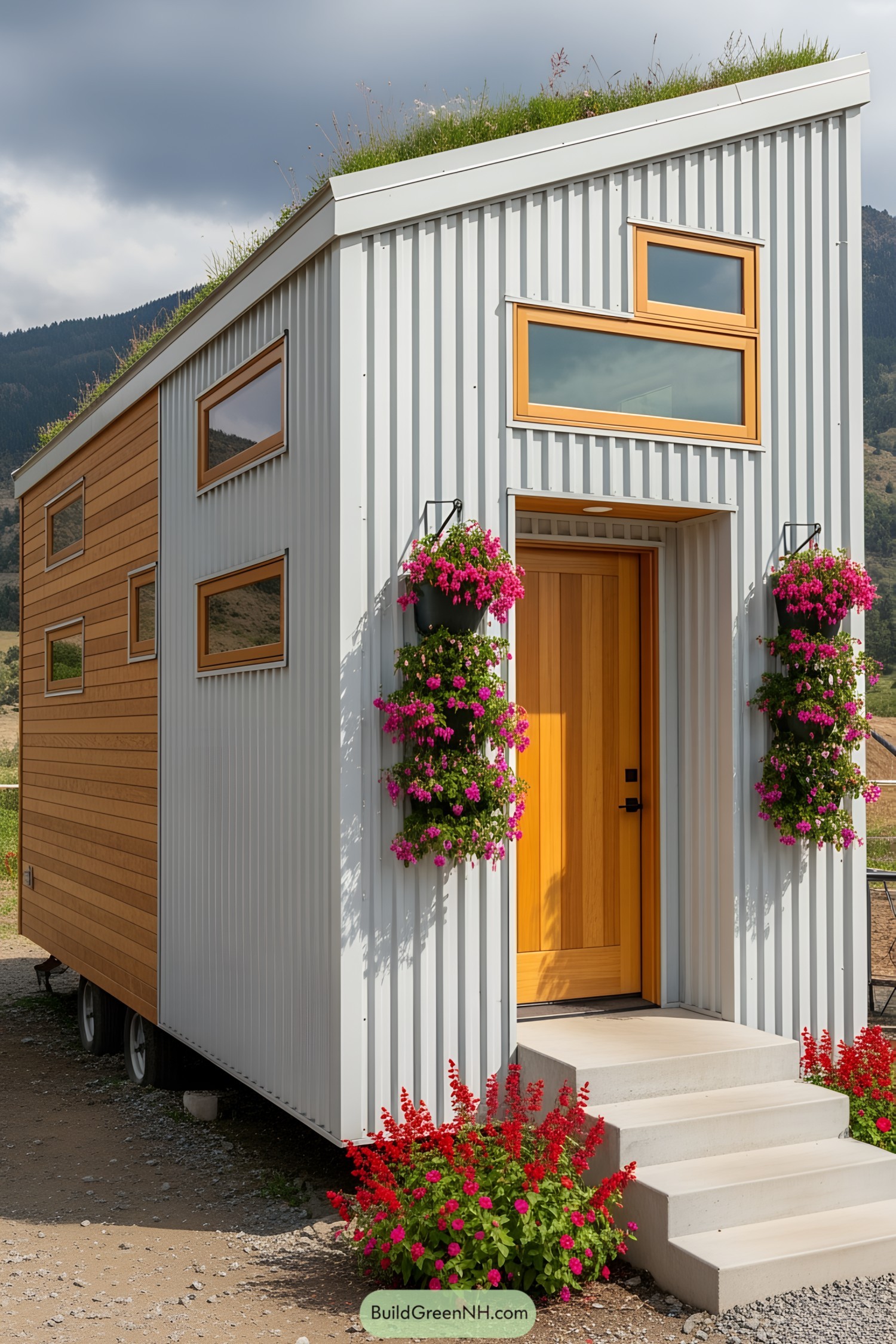 Tiny house with flowers and wooden accents