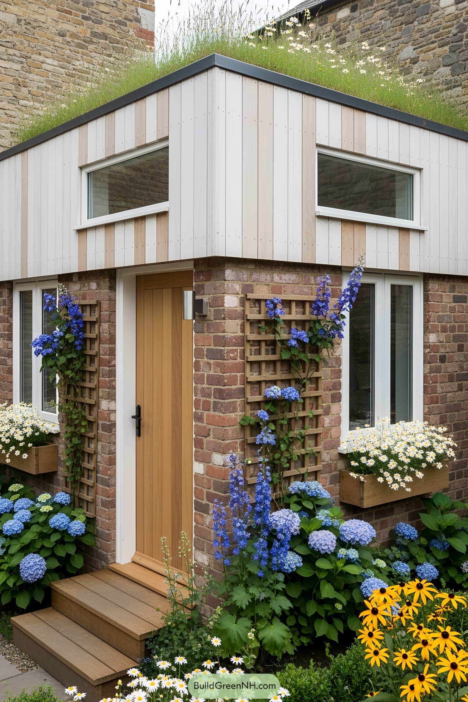 Tiny house with flowers elegantly adorning its facade