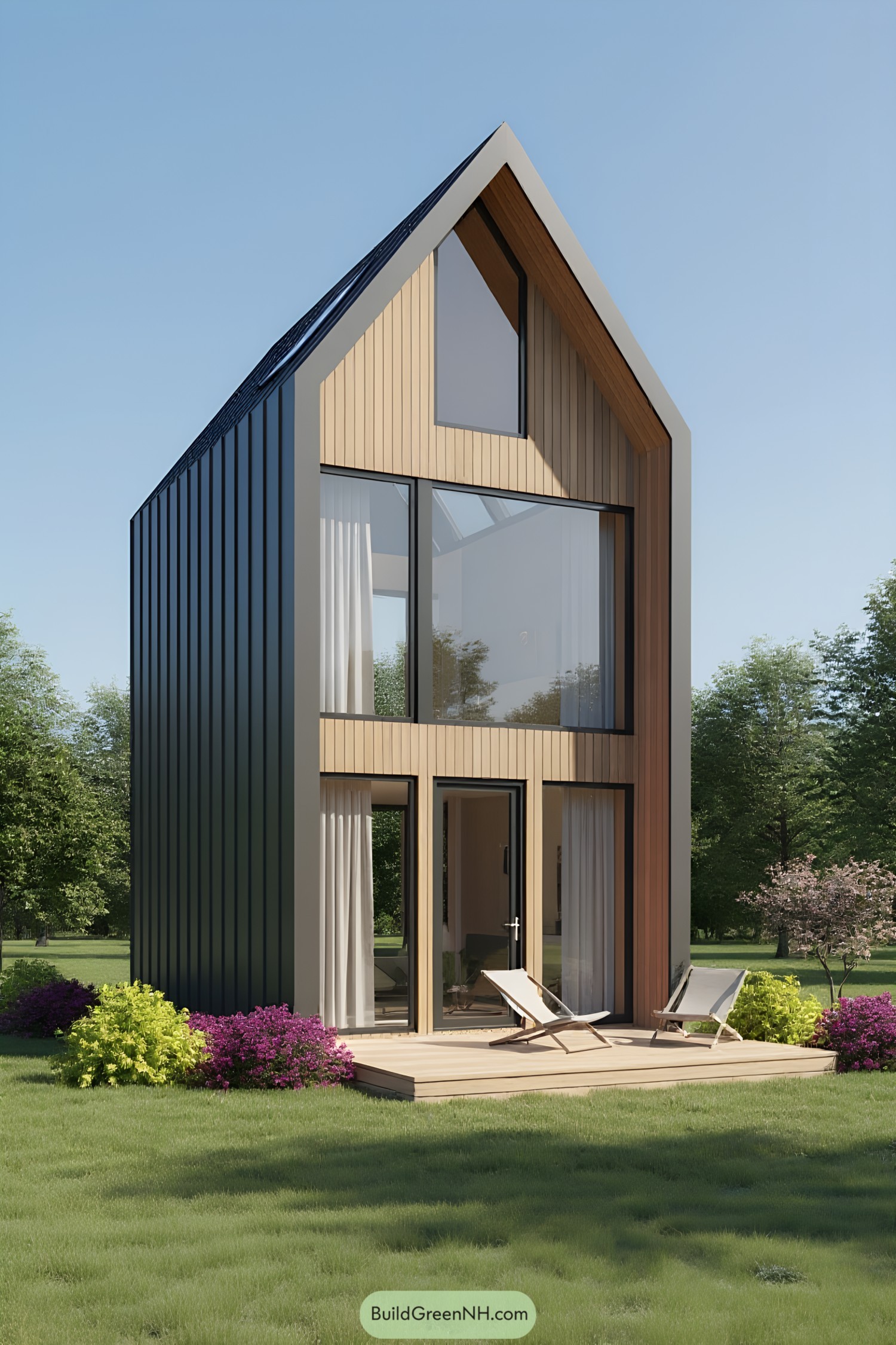 Tiny house with a wooden deck and blooming garden