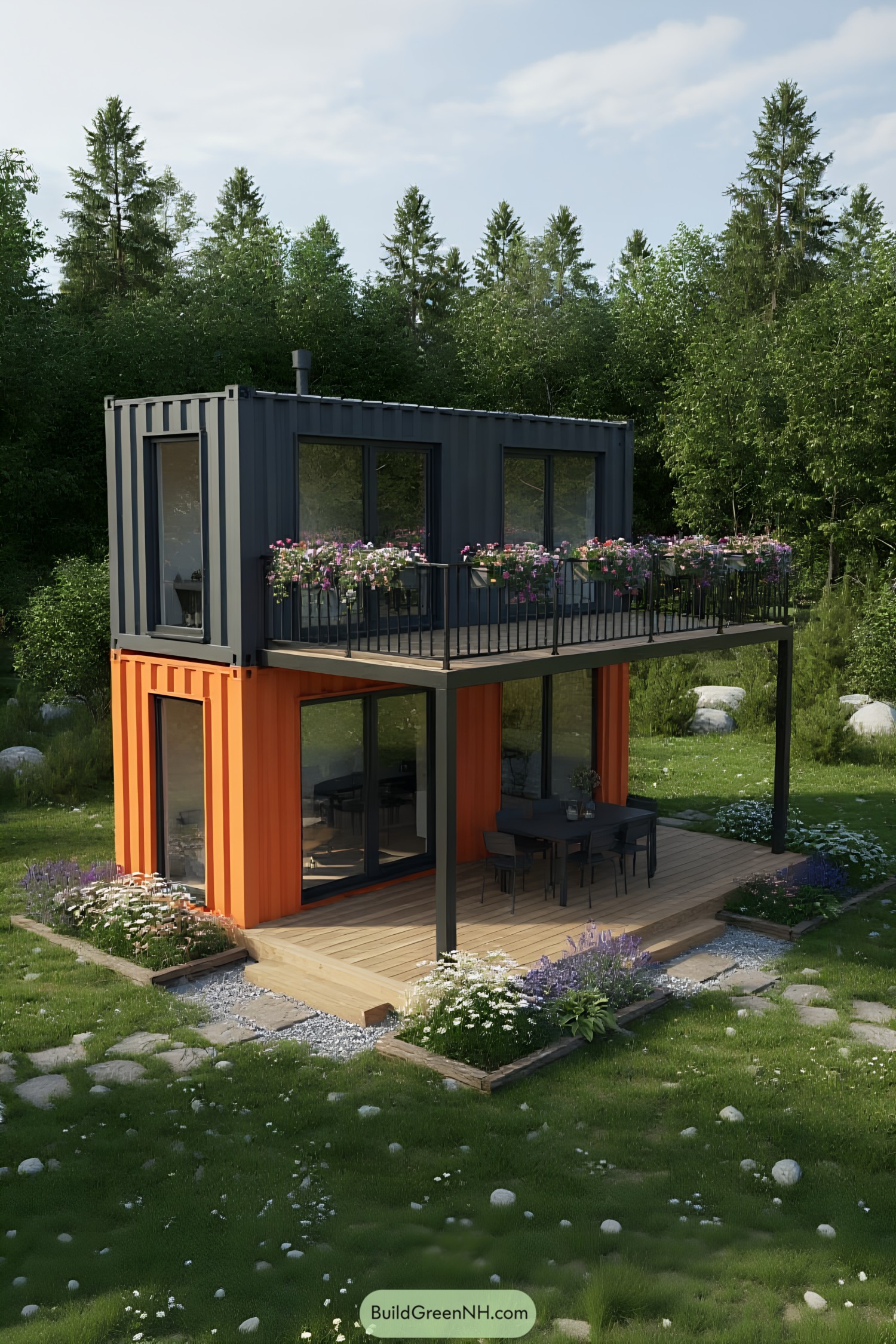 Modern tiny house with a deck and lush garden