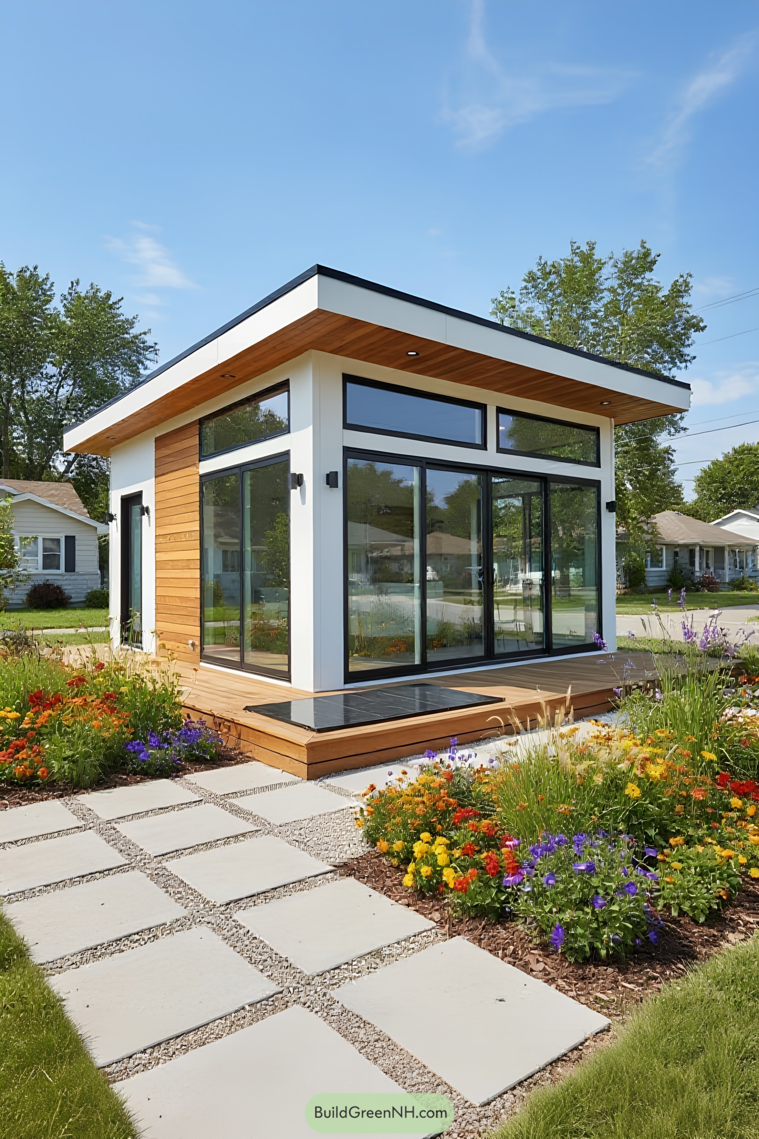 Modern tiny house with deck and vibrant garden