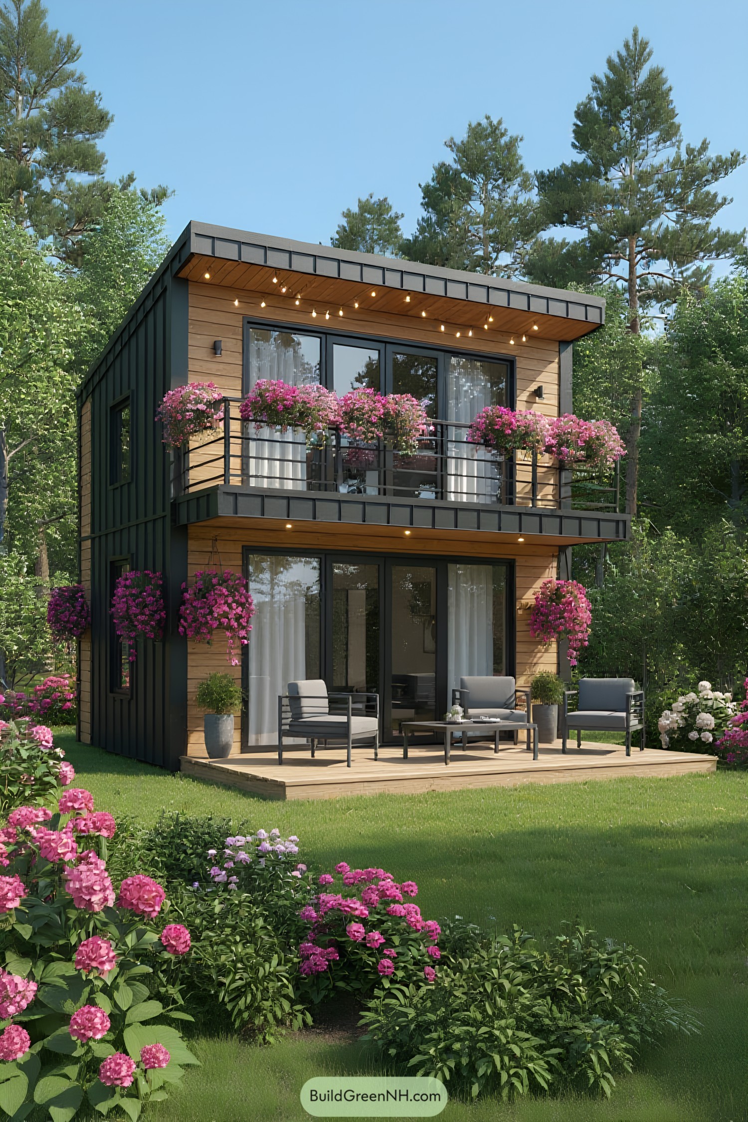 Modern tiny house with a balcony and blooming flowers
